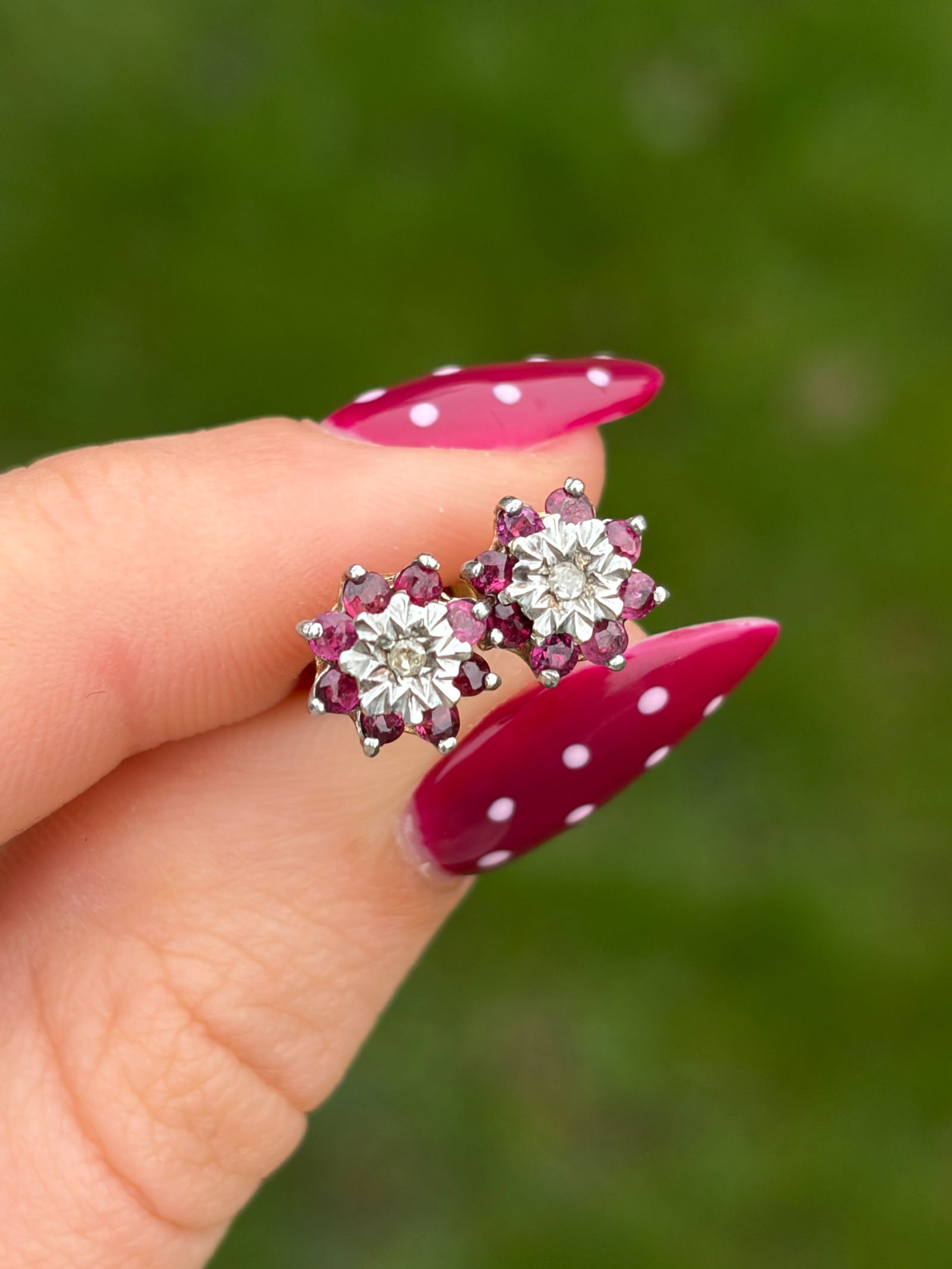 Sweet Ruby and Diamond Flower Earrings in Gold in Box - 9