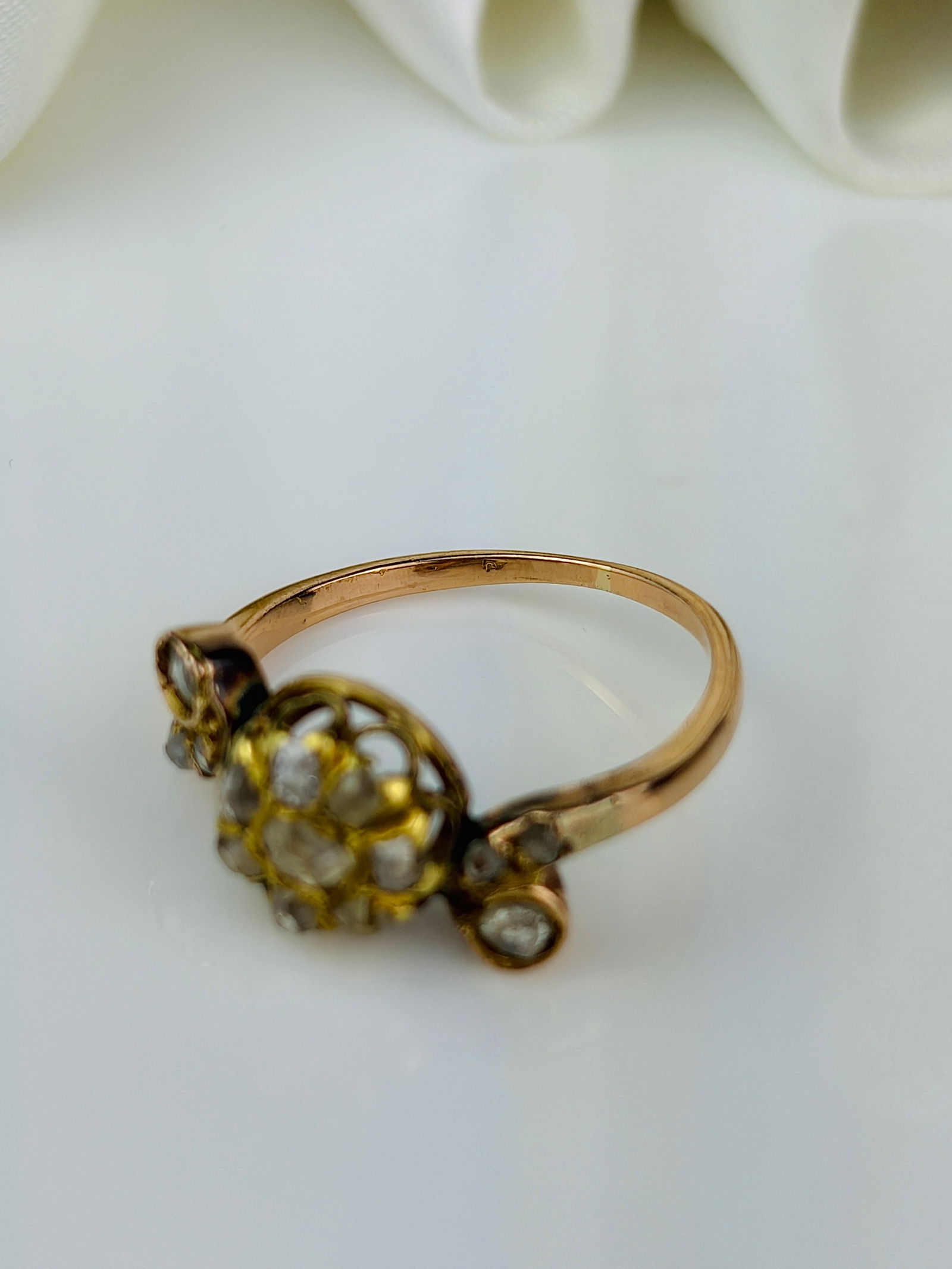 Antique 18ct Yellow Gold Rose Cut Diamond Unusual Ring - 4