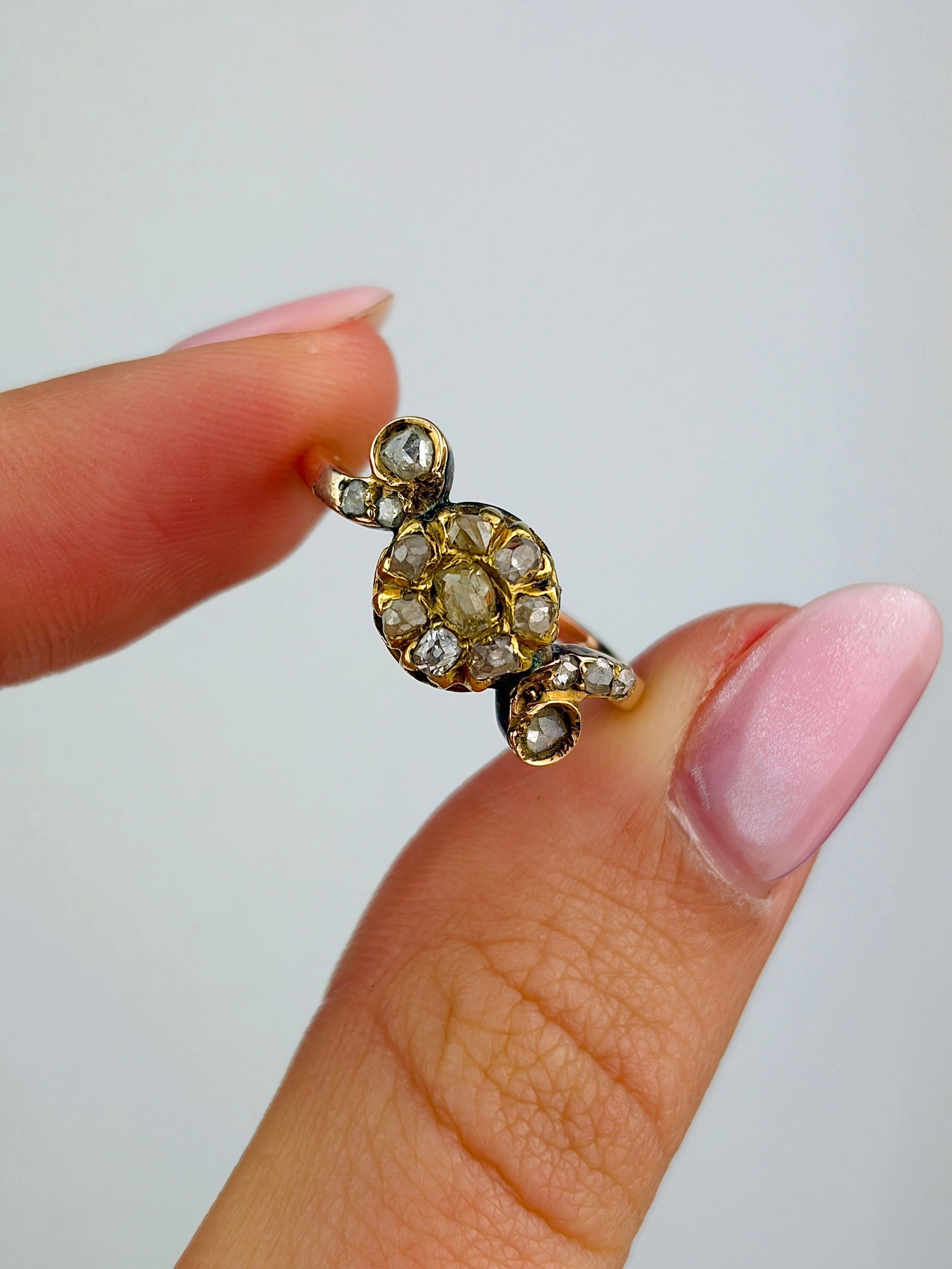 Antique 18ct Yellow Gold Rose Cut Diamond Unusual Ring - 5