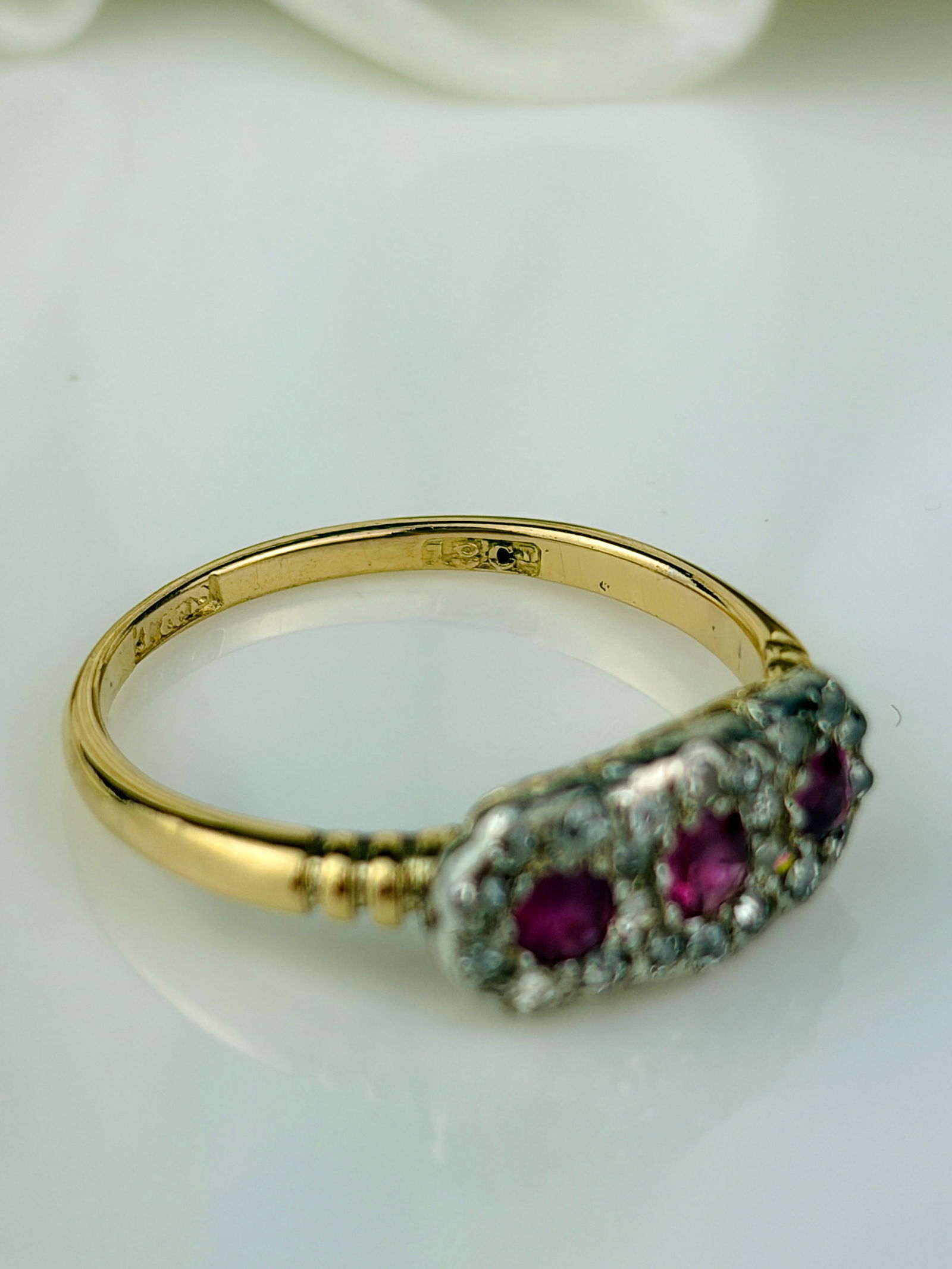 Antique 18ct Yellow Gold Ruby and Diamond Triple Flower Cluster Ring - 4