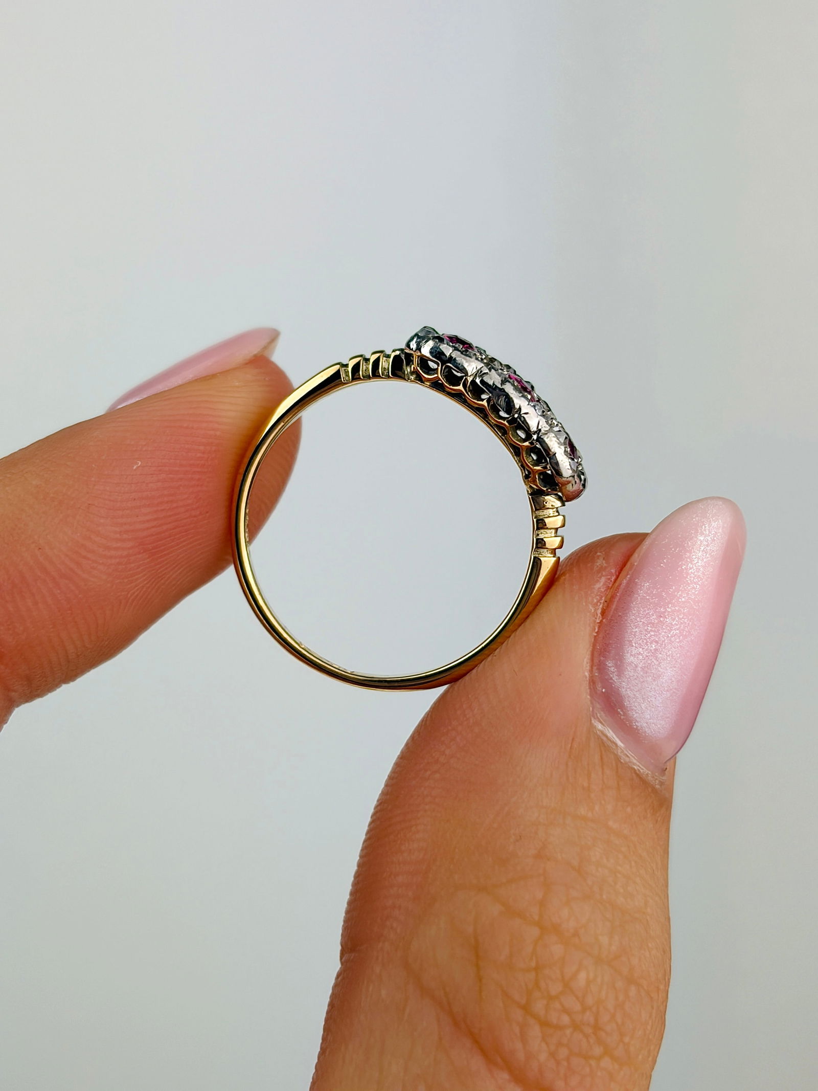 Antique 18ct Yellow Gold Ruby and Diamond Triple Flower Cluster Ring - 6