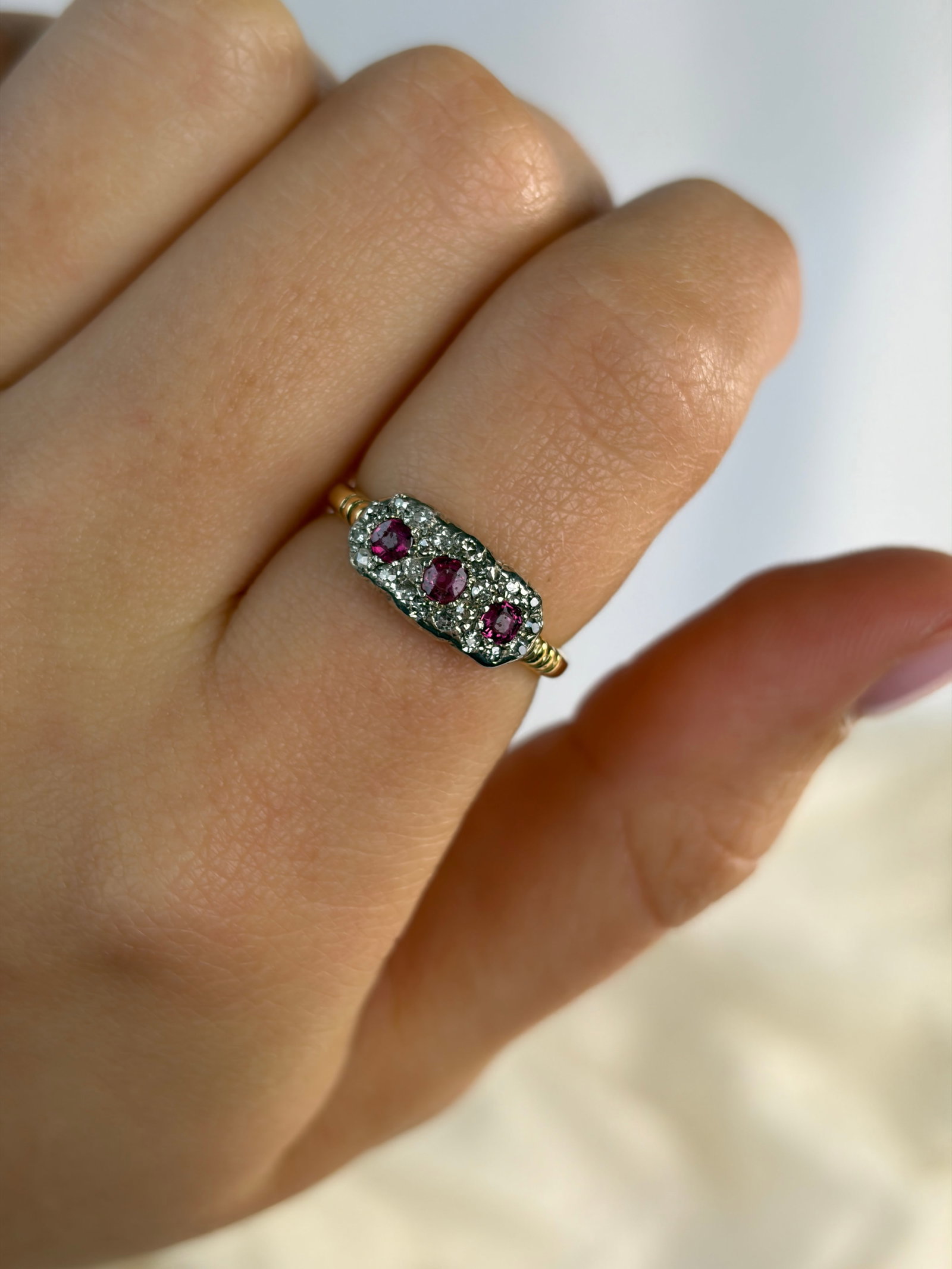 Antique 18ct Yellow Gold Ruby and Diamond Triple Flower Cluster Ring - 9