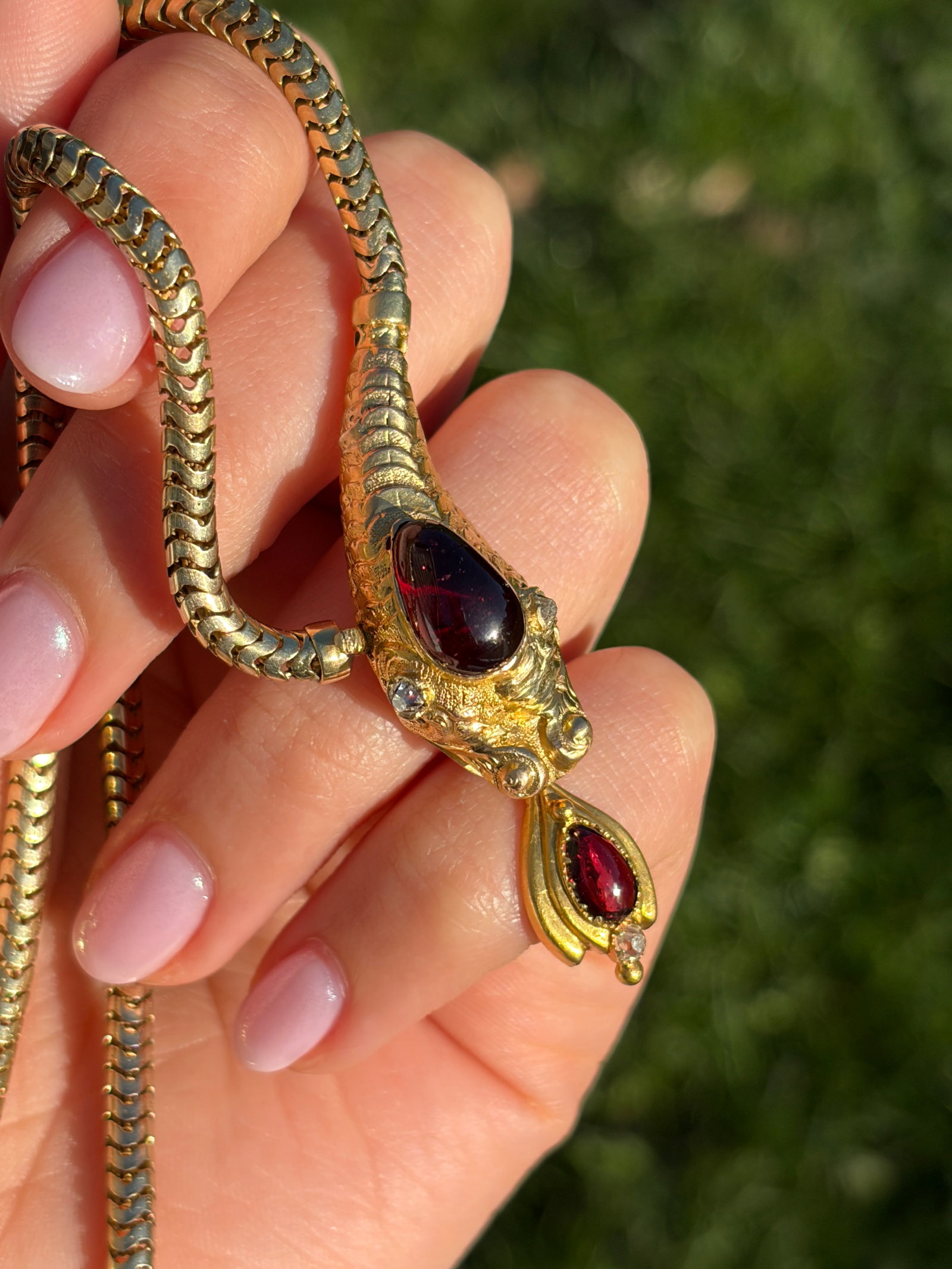 Antique Gold Cabochon Garnet and Diamond Snake Head Necklace - 11