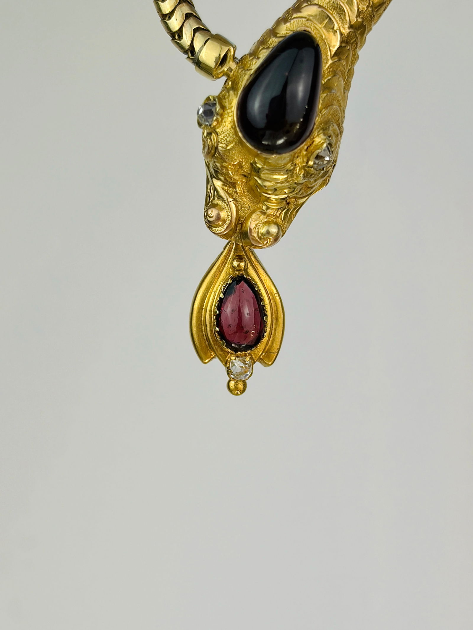 Antique Gold Cabochon Garnet and Diamond Snake Head Necklace - 2