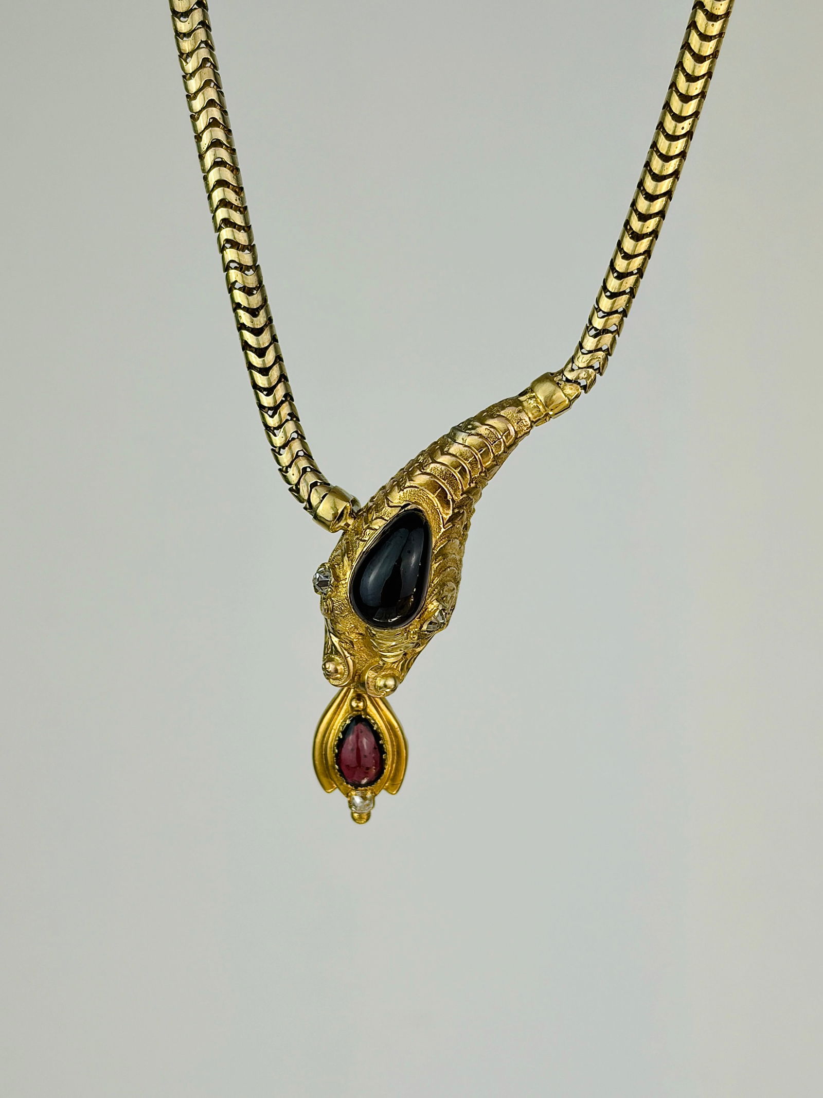 Antique Gold Cabochon Garnet and Diamond Snake Head Necklace - 3