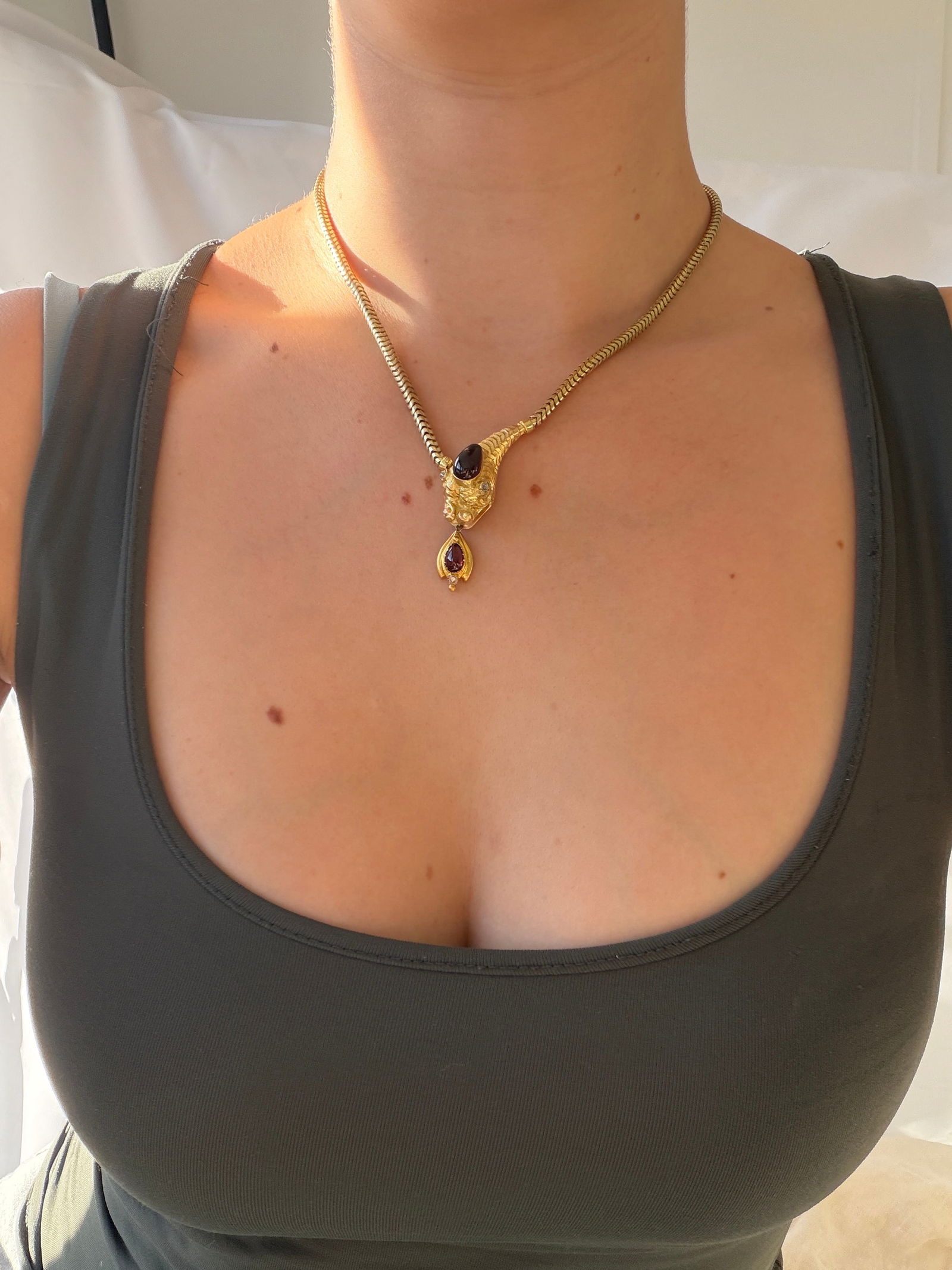 Antique Gold Cabochon Garnet and Diamond Snake Head Necklace - 9