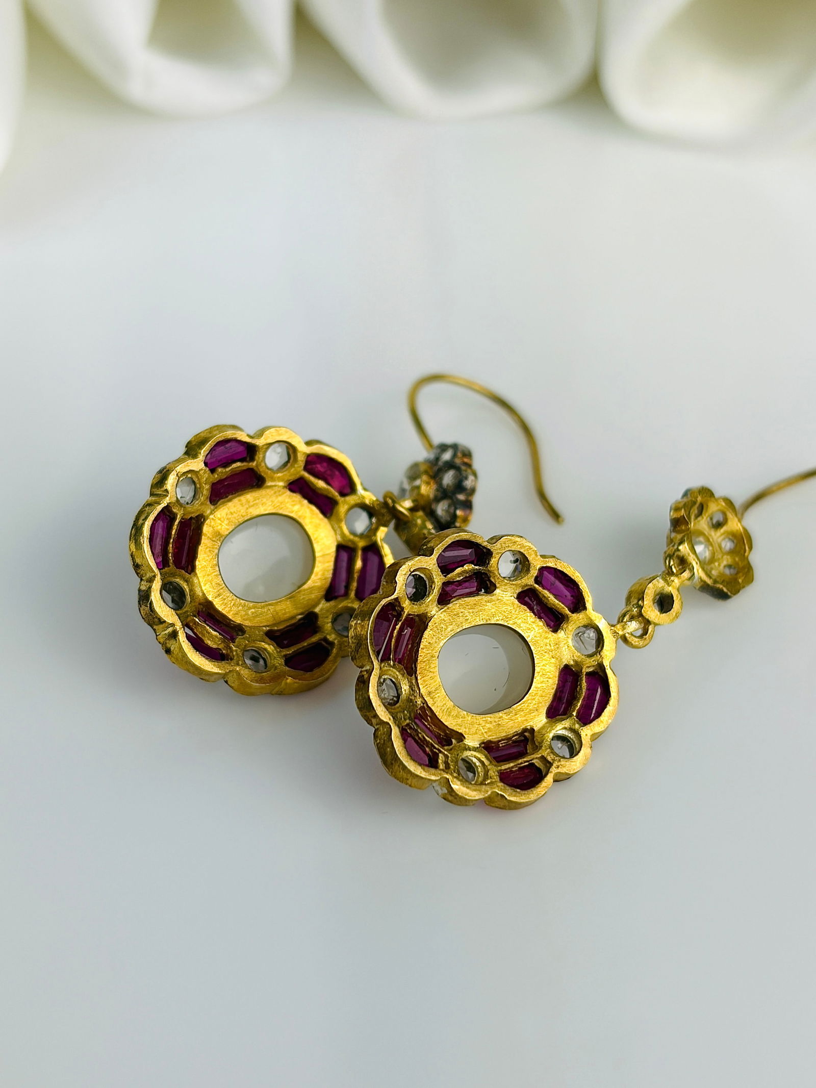 Vintage Ruby, Moonstone and Diamond Yellow Metal Cluster Drop Earrings - 3