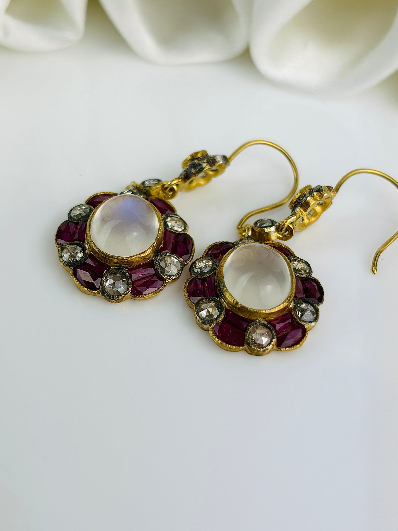 Vintage Ruby, Moonstone and Diamond Yellow Metal Cluster Drop Earrings - 4