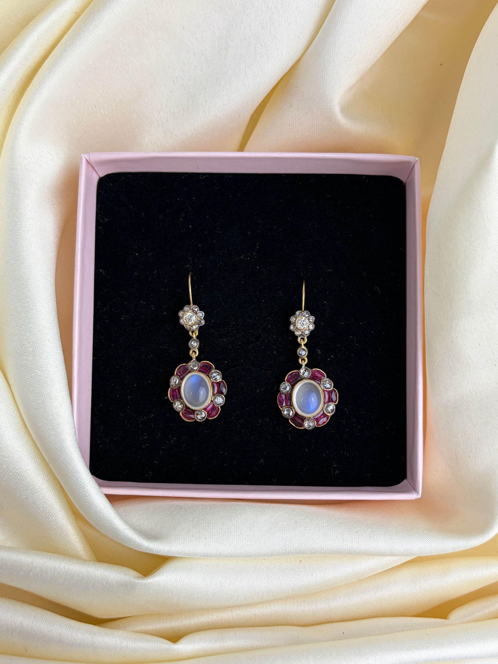 Vintage Ruby, Moonstone and Diamond Yellow Metal Cluster Drop Earrings - 6