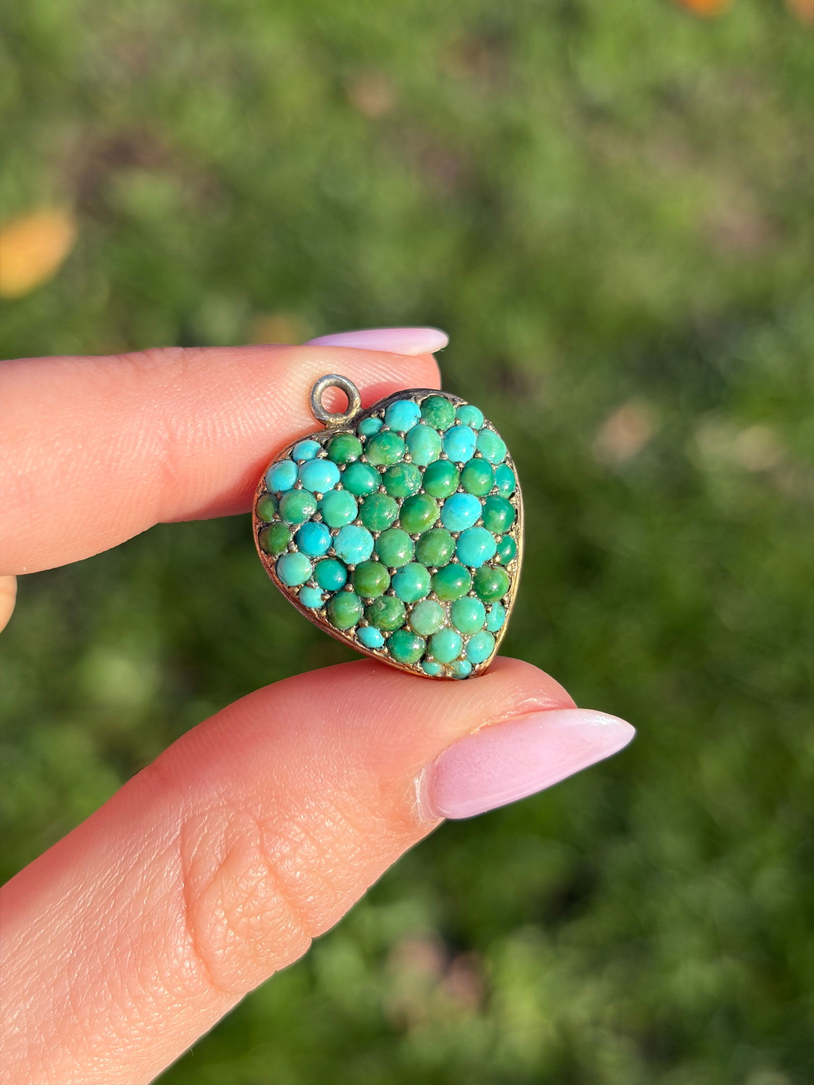 Large Locket Back Pave Turquoise Heart Pendant - 7