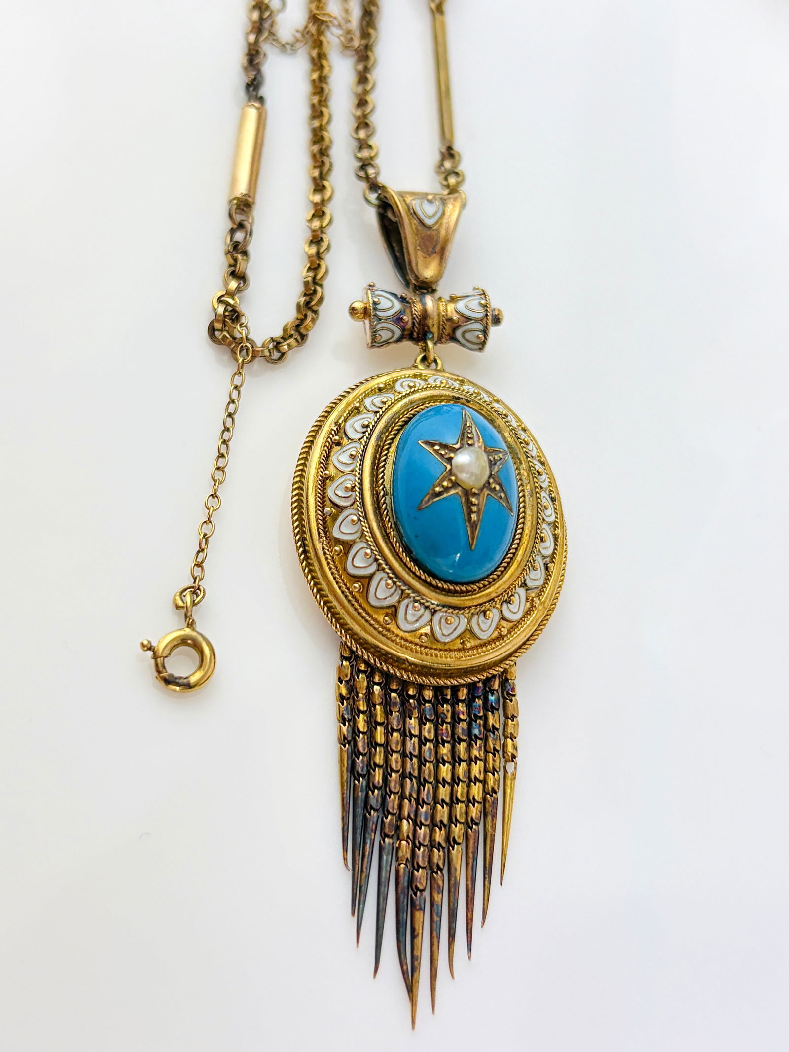 Antique Boxed Blue and White Enamel and Pearl Fringe Locket Back Pendant - 6