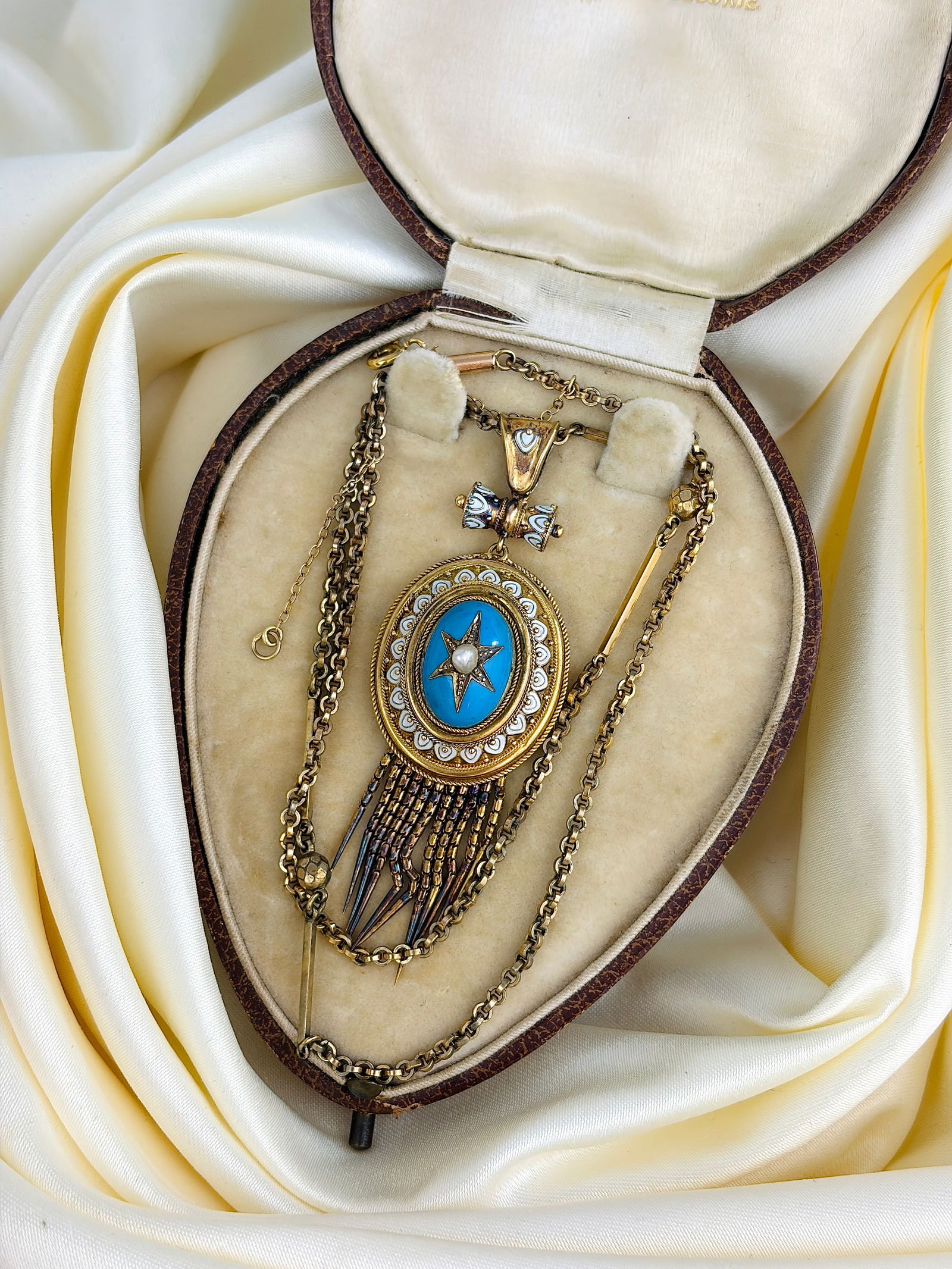 Antique Boxed Blue and White Enamel and Pearl Fringe Locket Back Pendant - 7