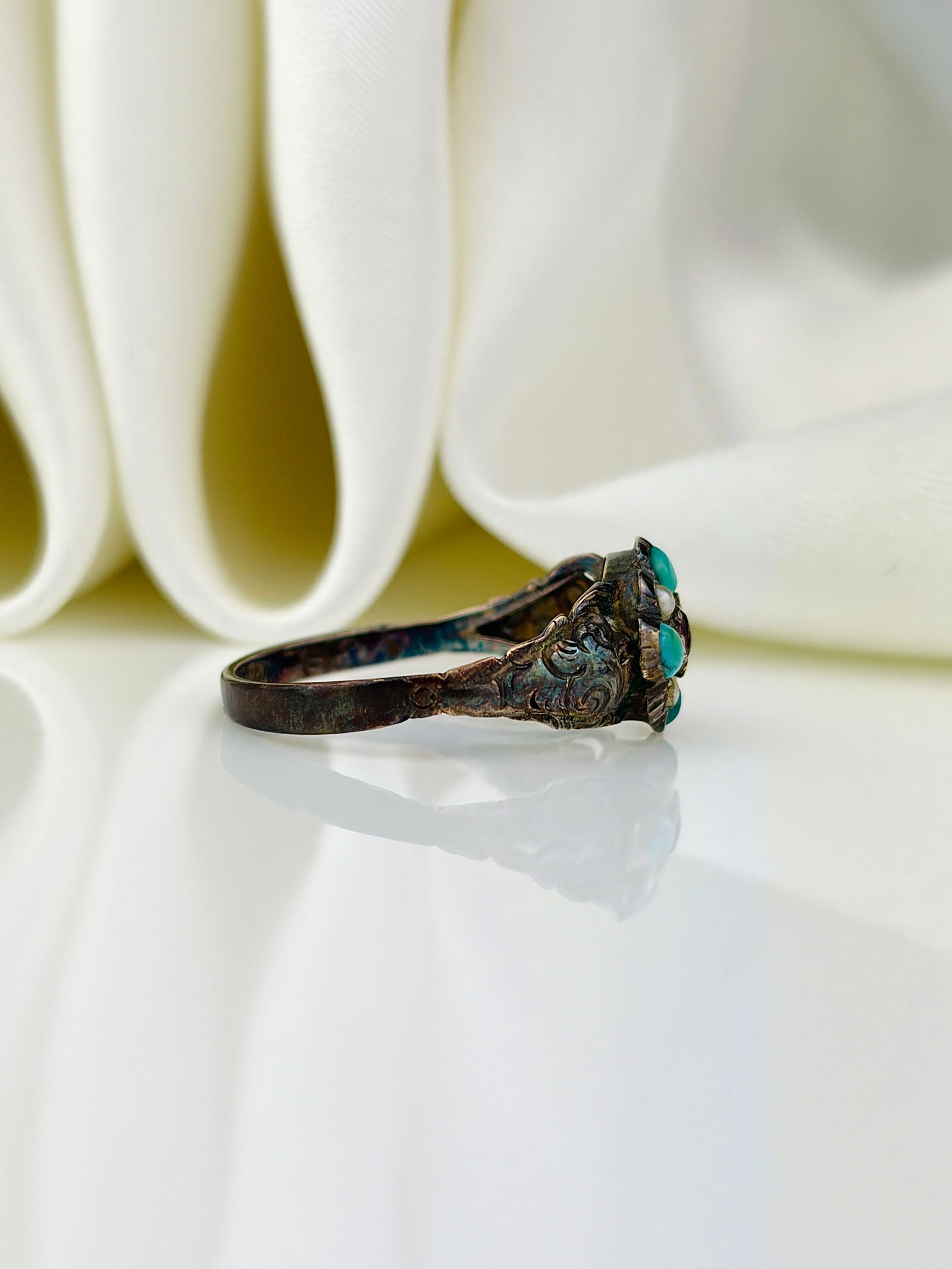 antique gemset flower ring - 2