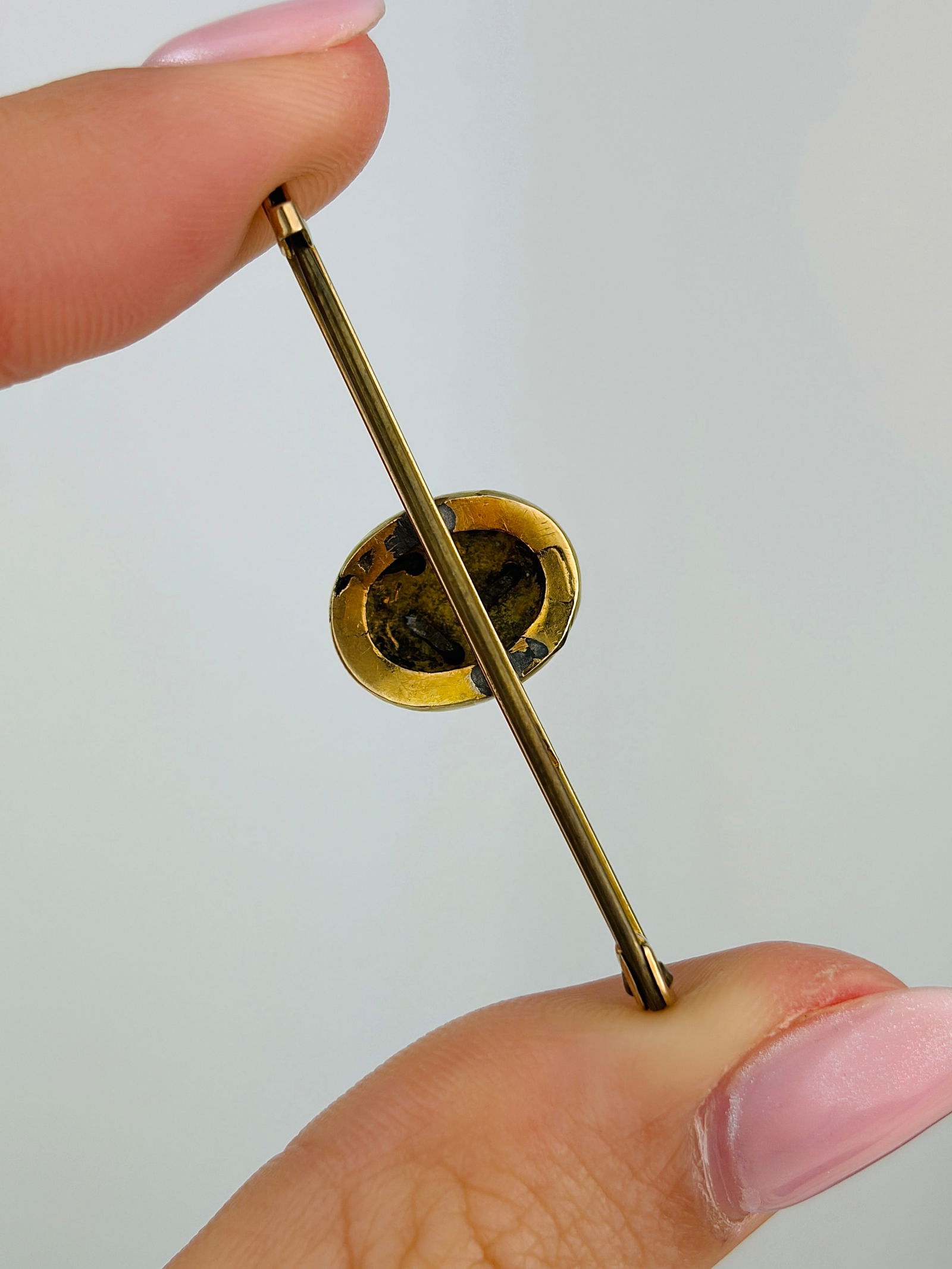 Antique Rose Cut Diamond Forget Me Not Black Enamel 9ct Gold Bar Brooch - 3