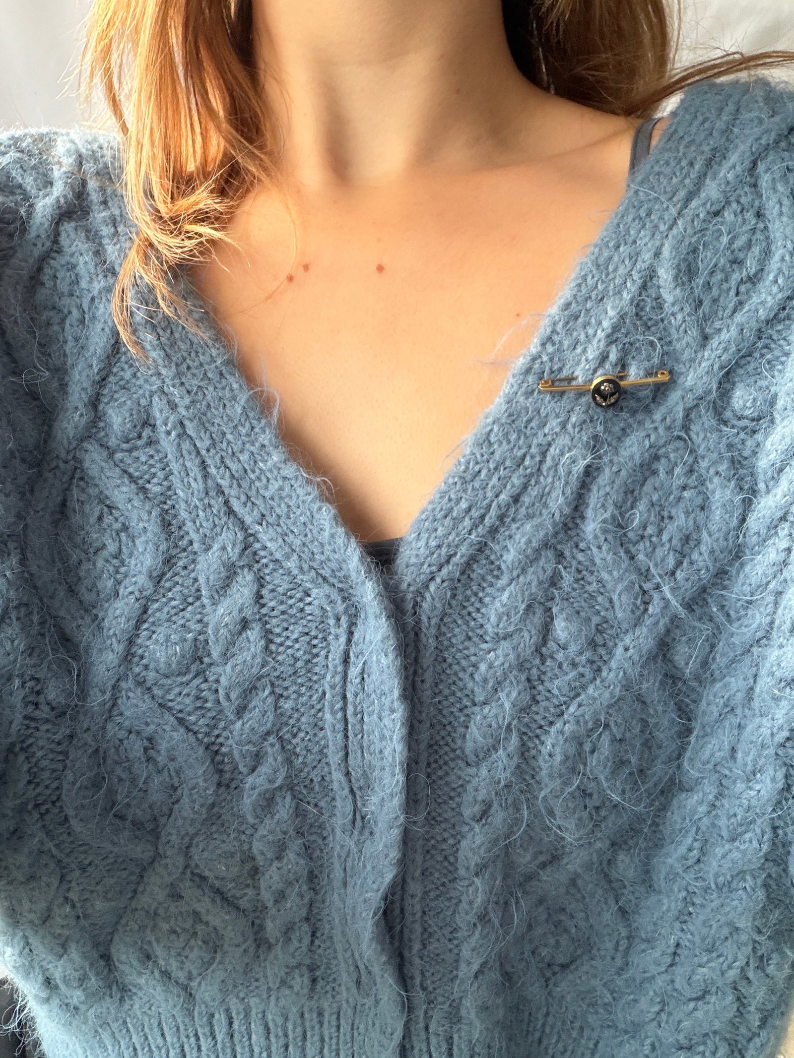 Antique Rose Cut Diamond Forget Me Not Black Enamel 9ct Gold Bar Brooch - 8