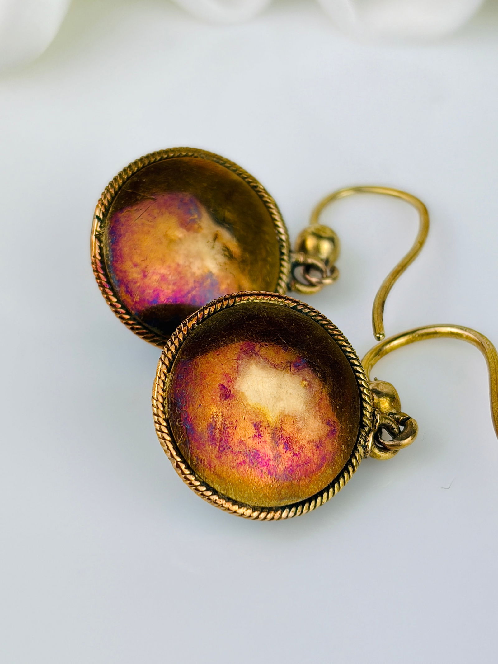 Antique Gold Enamel, Pearl and Rose Cut Diamond Earrings in Antique Box in 9ct Gold - 3