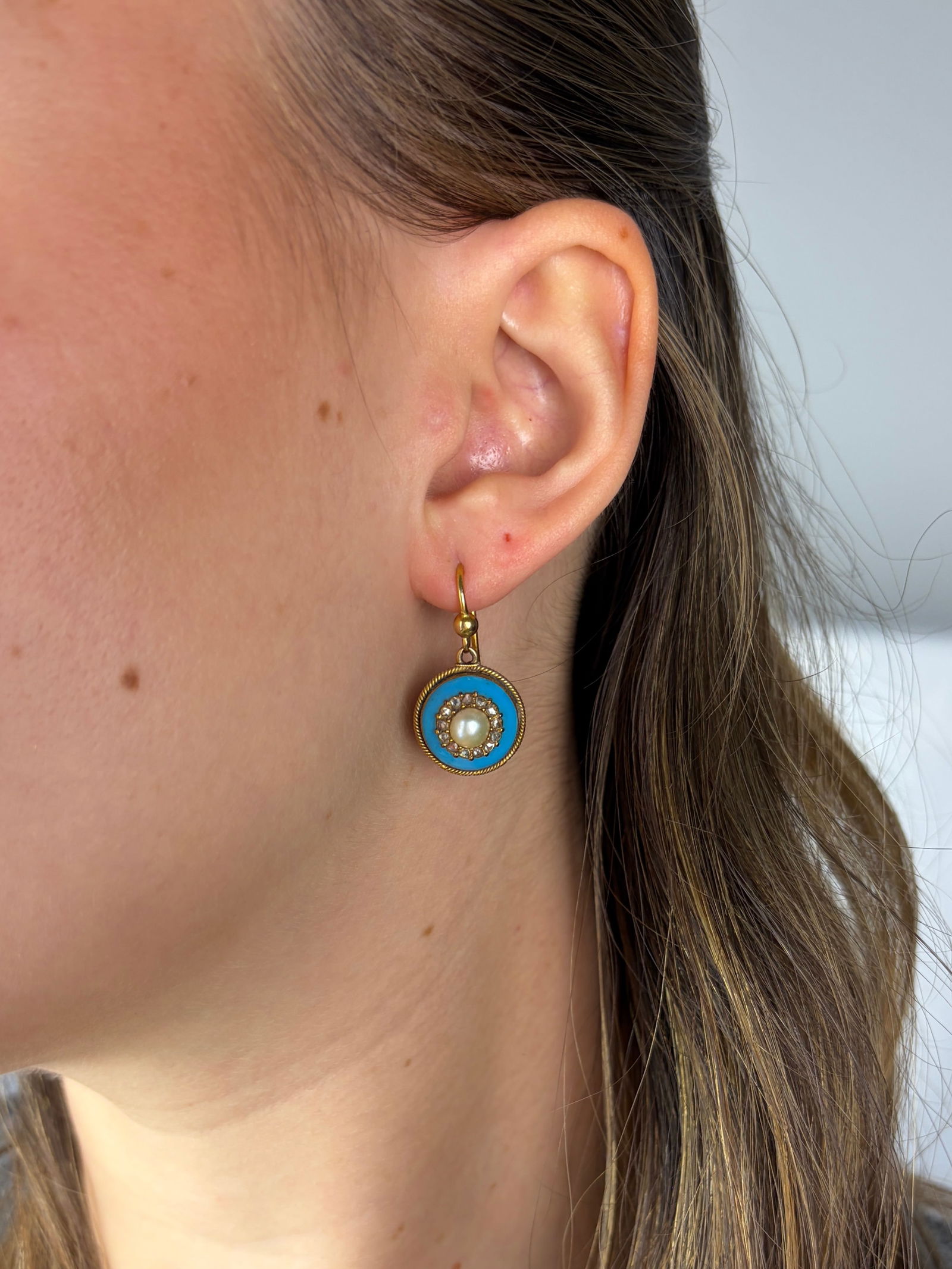 Antique Gold Enamel, Pearl and Rose Cut Diamond Earrings in Antique Box in 9ct Gold - 8