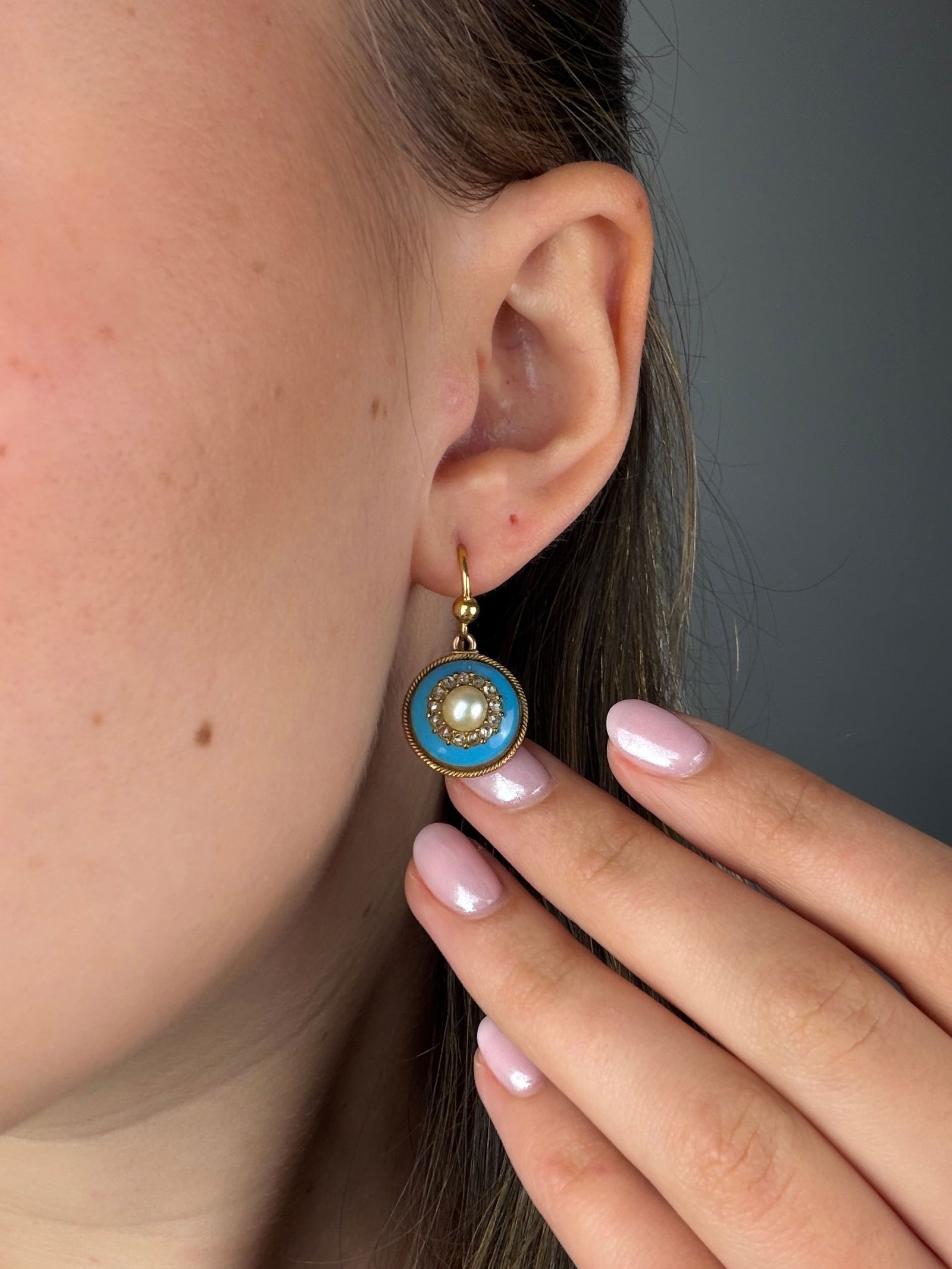 Antique Gold Enamel, Pearl and Rose Cut Diamond Earrings in Antique Box in 9ct Gold - 9