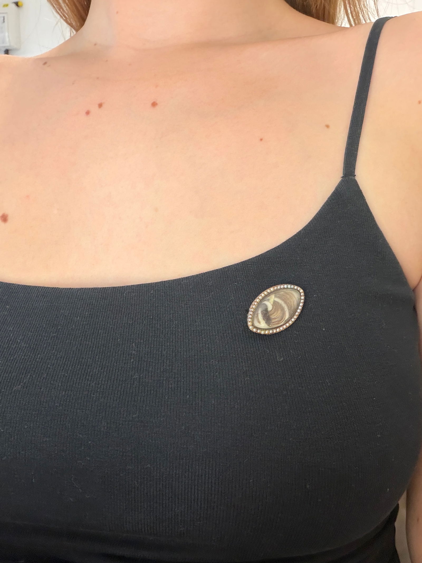 antique gold memorial hair and pearl navette shape brooch - 4