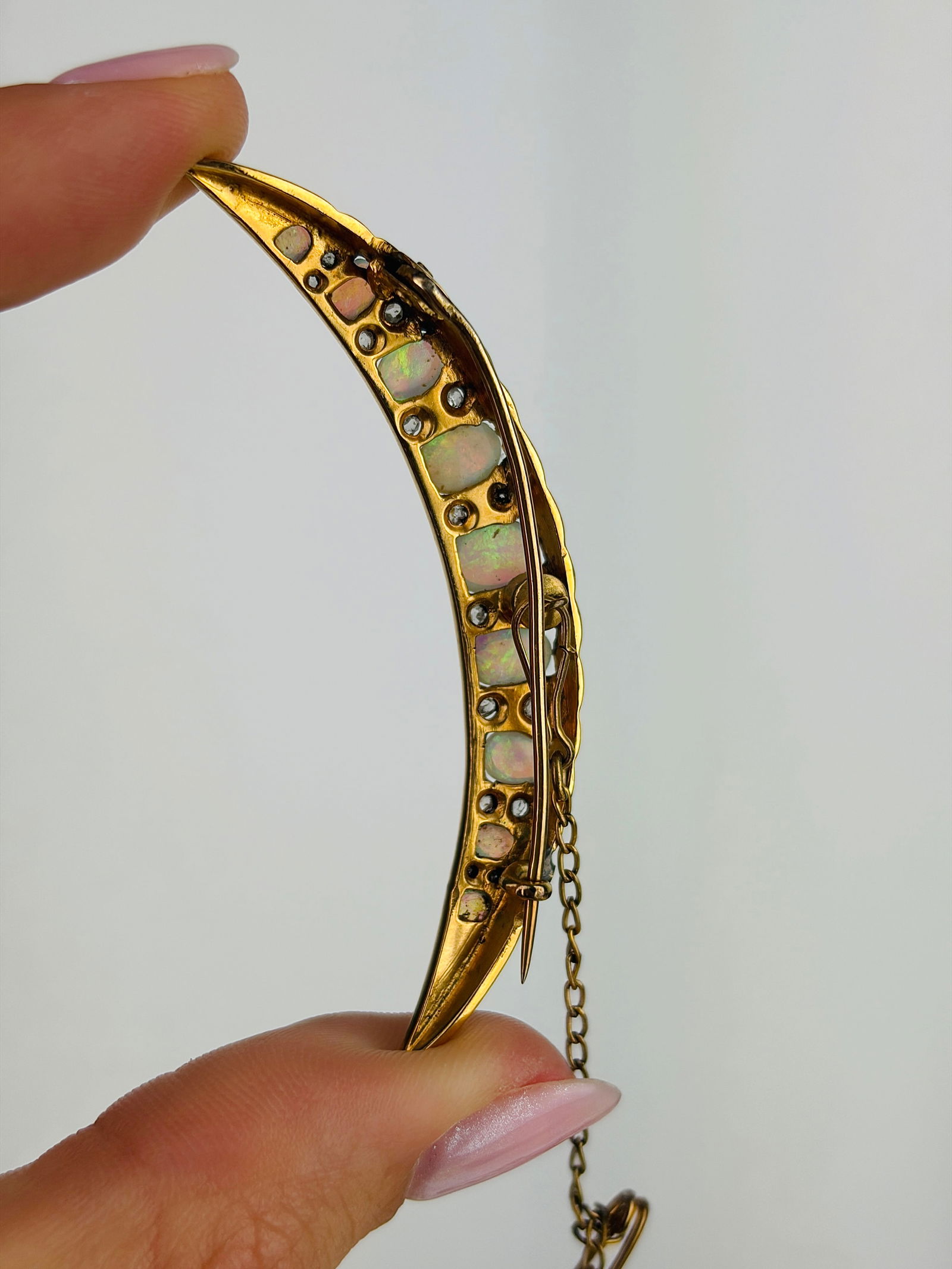 Vintage Large Opal and Diamond 15ct Gold Crescent Brooch - 3