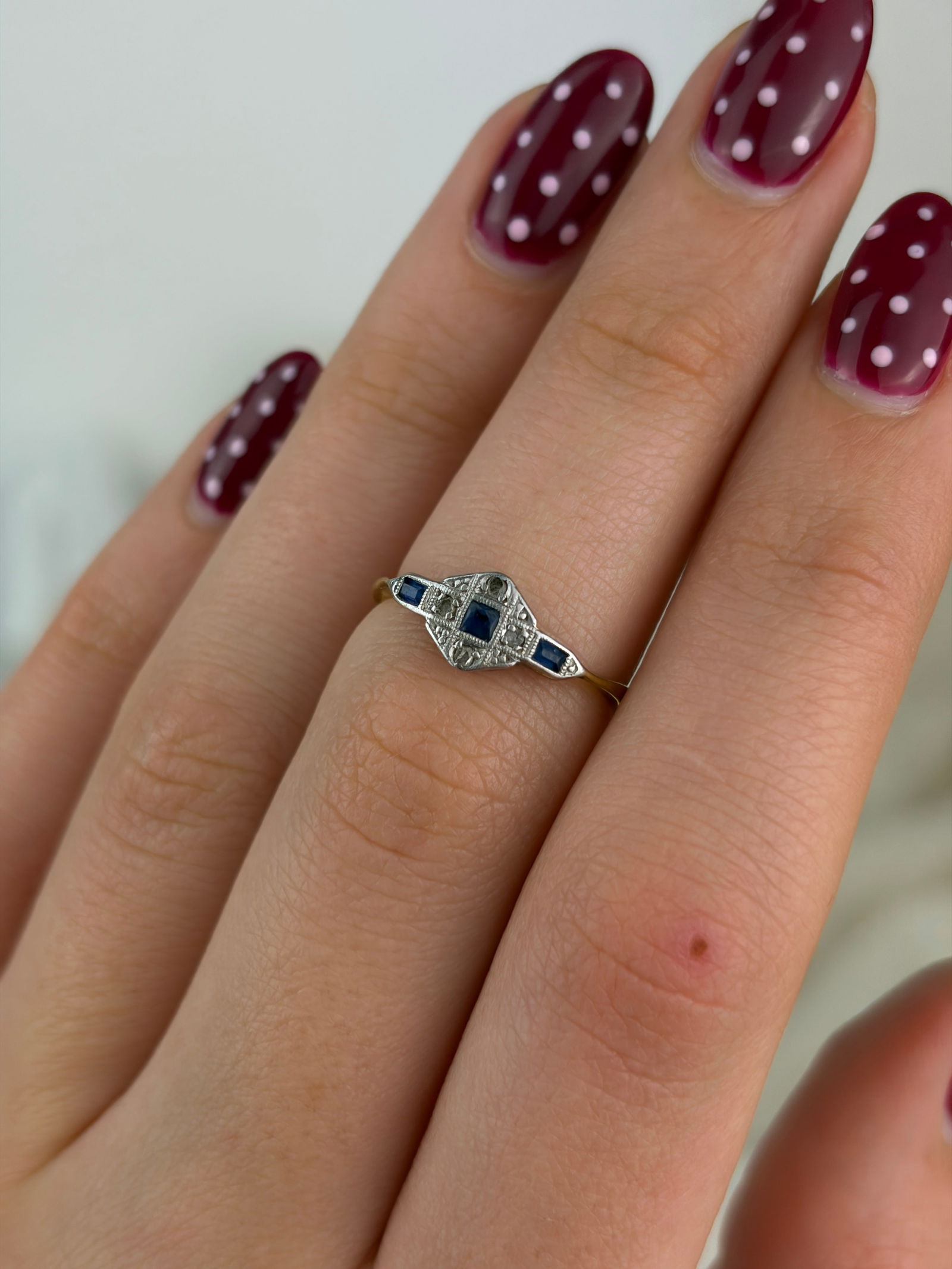 antique 18ct yellow gold and platinum sapphire and diamond art deco ring - 7