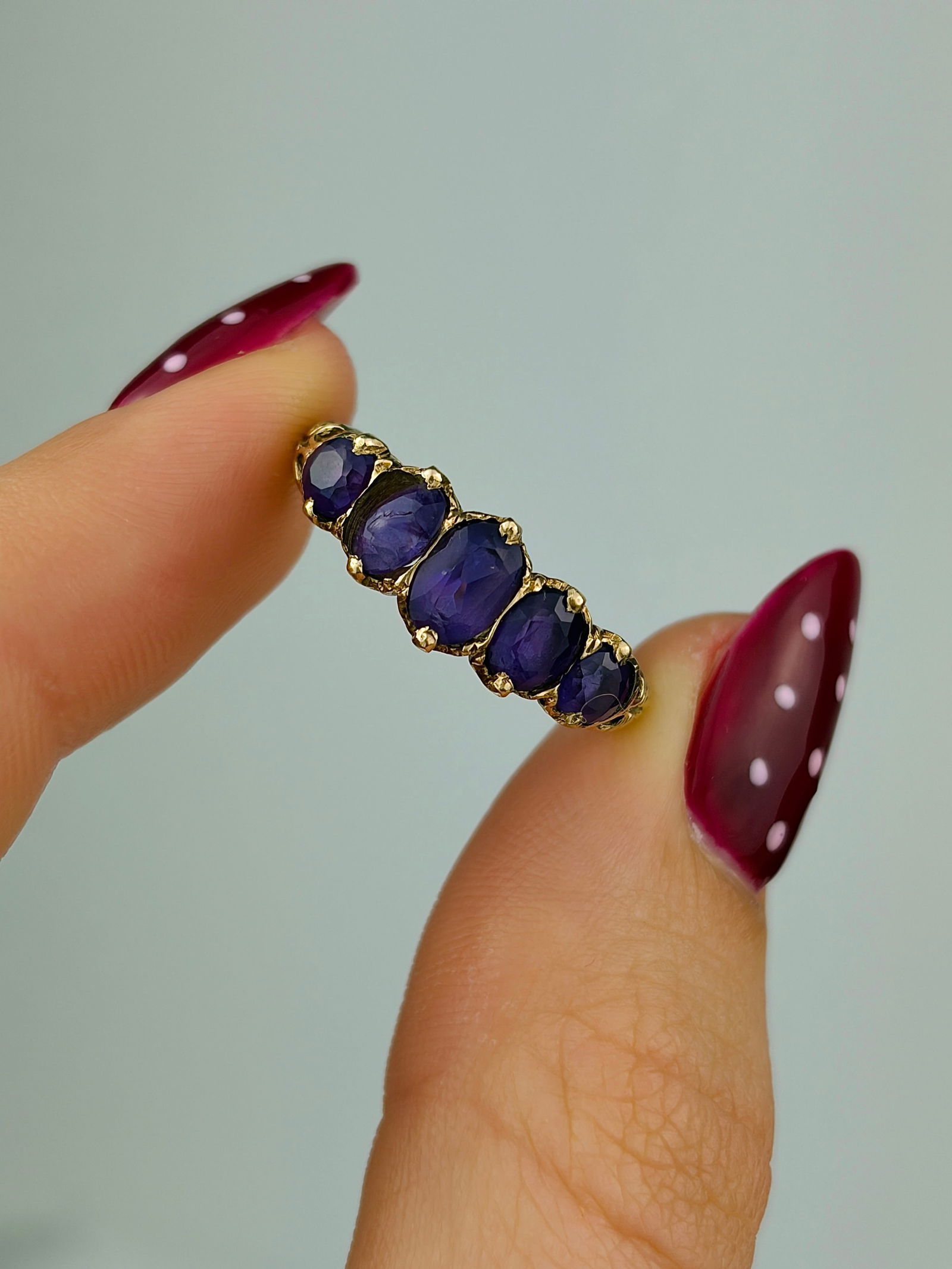 Vintage 9ct yellow gold amethyst 5 stone ring - 5