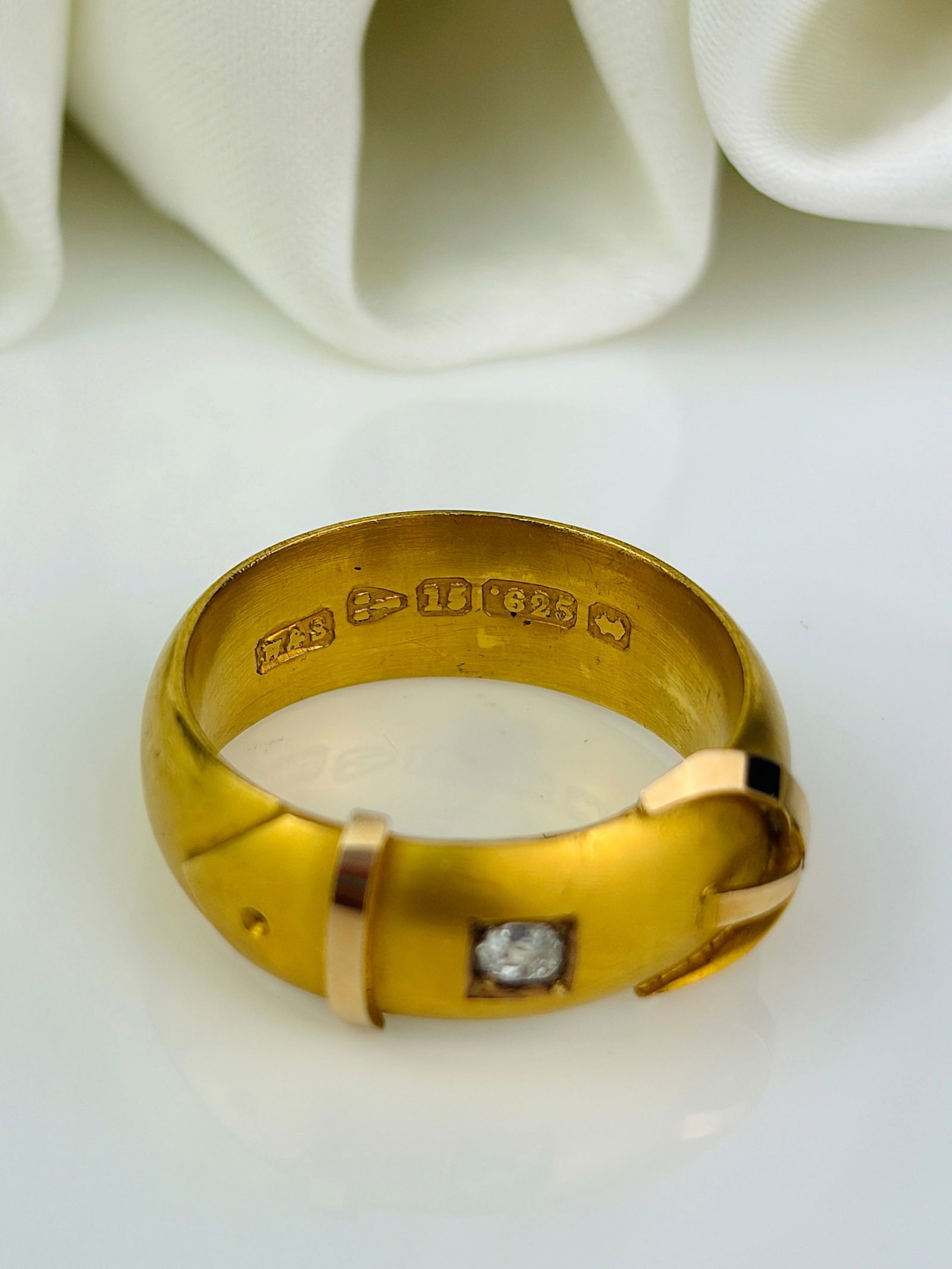 chunky antique 15ct yellow gold diamond buckle ring matte effect - 4