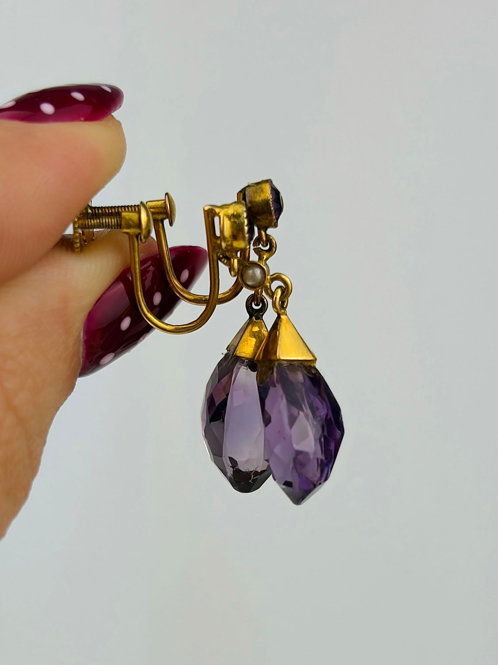 antique 9ct gold amethyst and pearl screw back earrings - 2