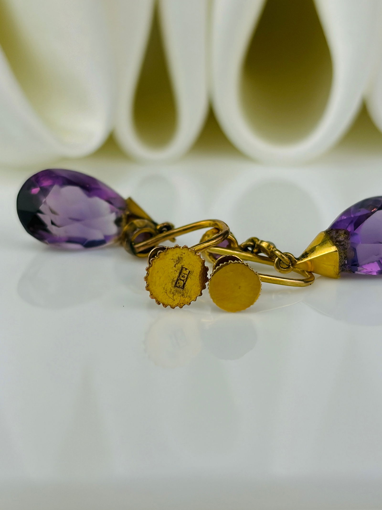 antique 9ct gold amethyst and pearl screw back earrings - 3