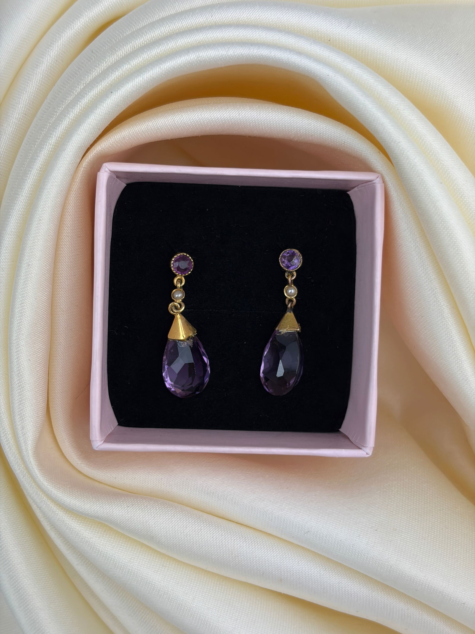 antique 9ct gold amethyst and pearl screw back earrings - 4