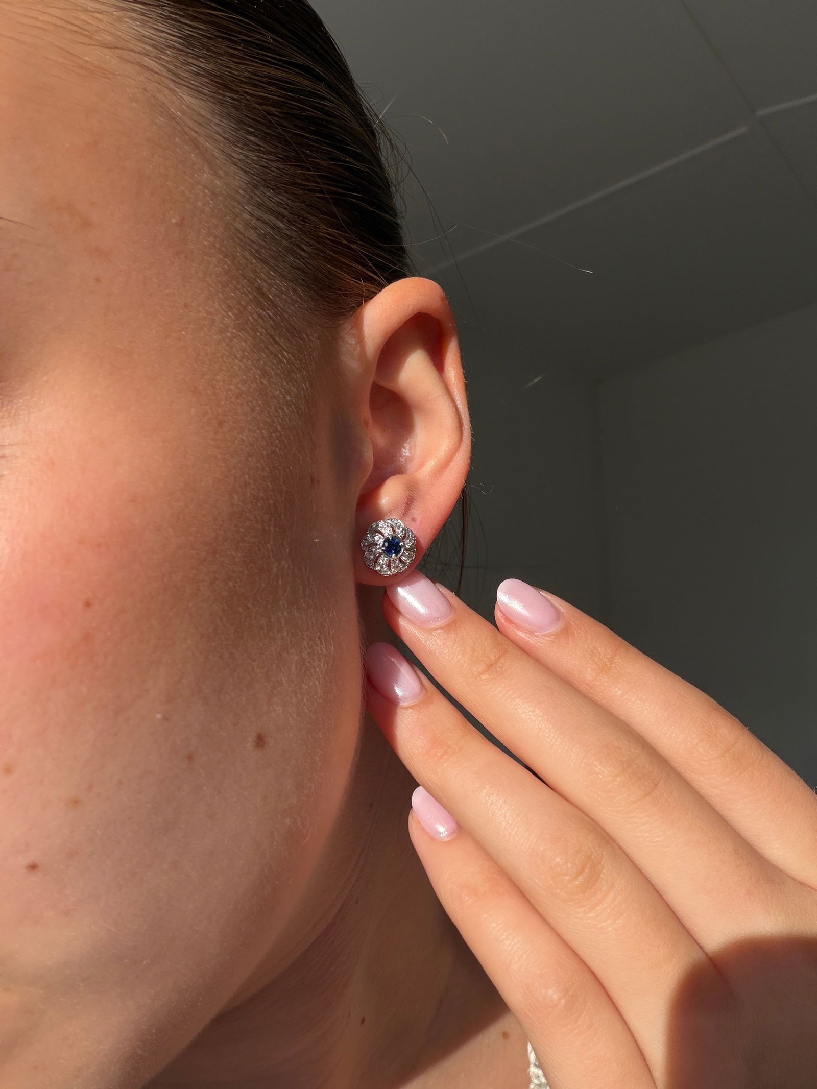 18ct White Gold Sapphire and Diamond Cluster Earrings with Flower Backs - 10