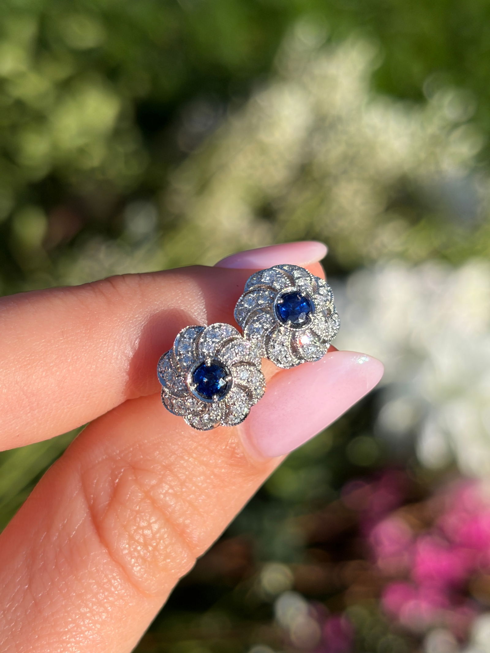 18ct White Gold Sapphire and Diamond Cluster Earrings with Flower Backs - 11