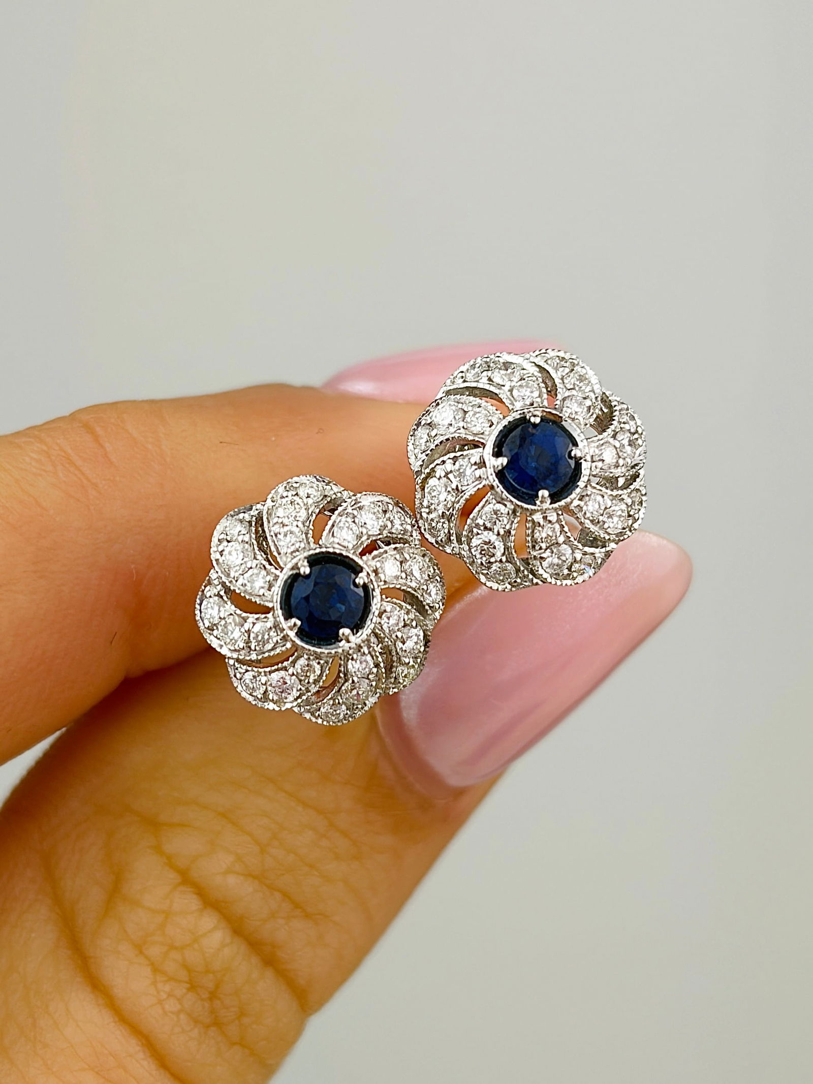 18ct White Gold Sapphire and Diamond Cluster Earrings with Flower Backs (1 of 11)