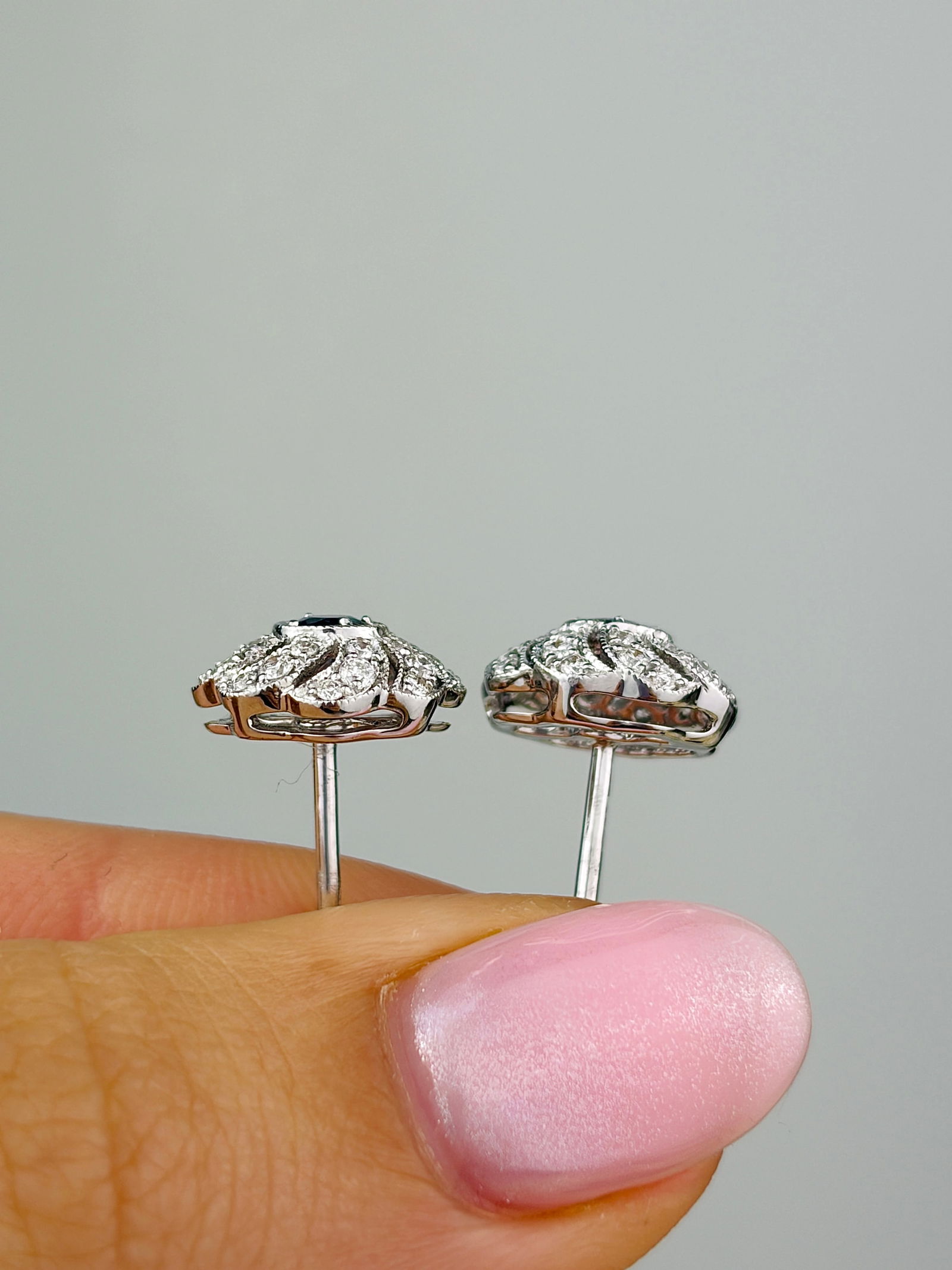 18ct White Gold Sapphire and Diamond Cluster Earrings with Flower Backs - 2