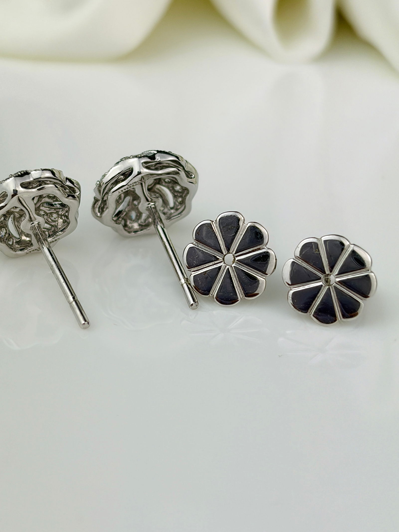 18ct White Gold Sapphire and Diamond Cluster Earrings with Flower Backs - 3