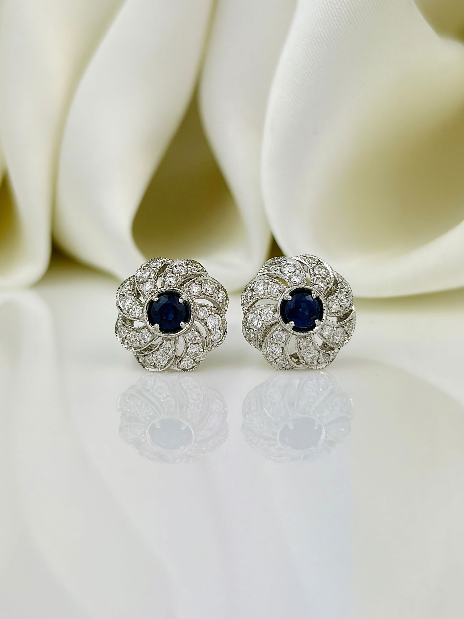 18ct White Gold Sapphire and Diamond Cluster Earrings with Flower Backs - 5