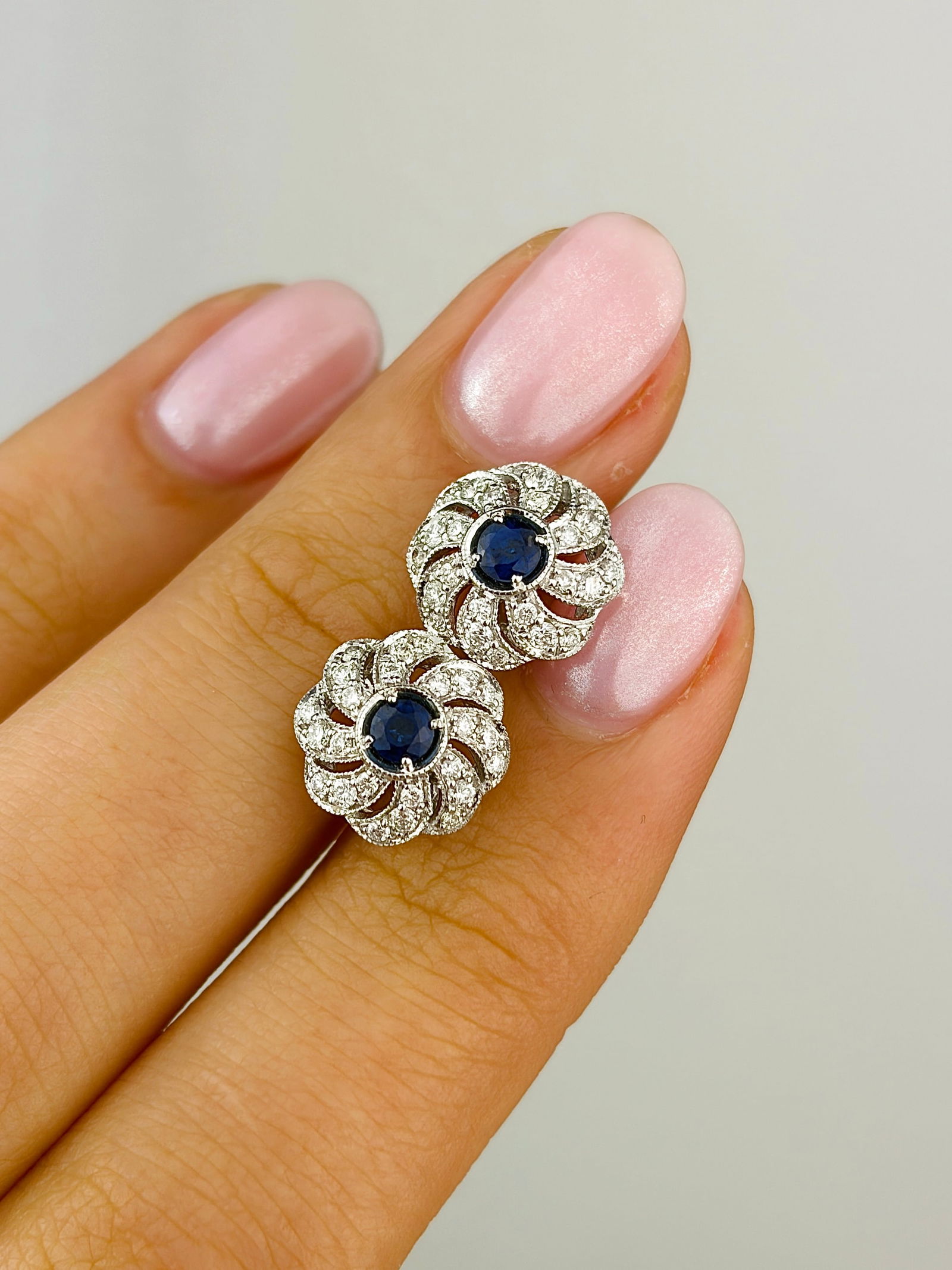 18ct White Gold Sapphire and Diamond Cluster Earrings with Flower Backs - 6