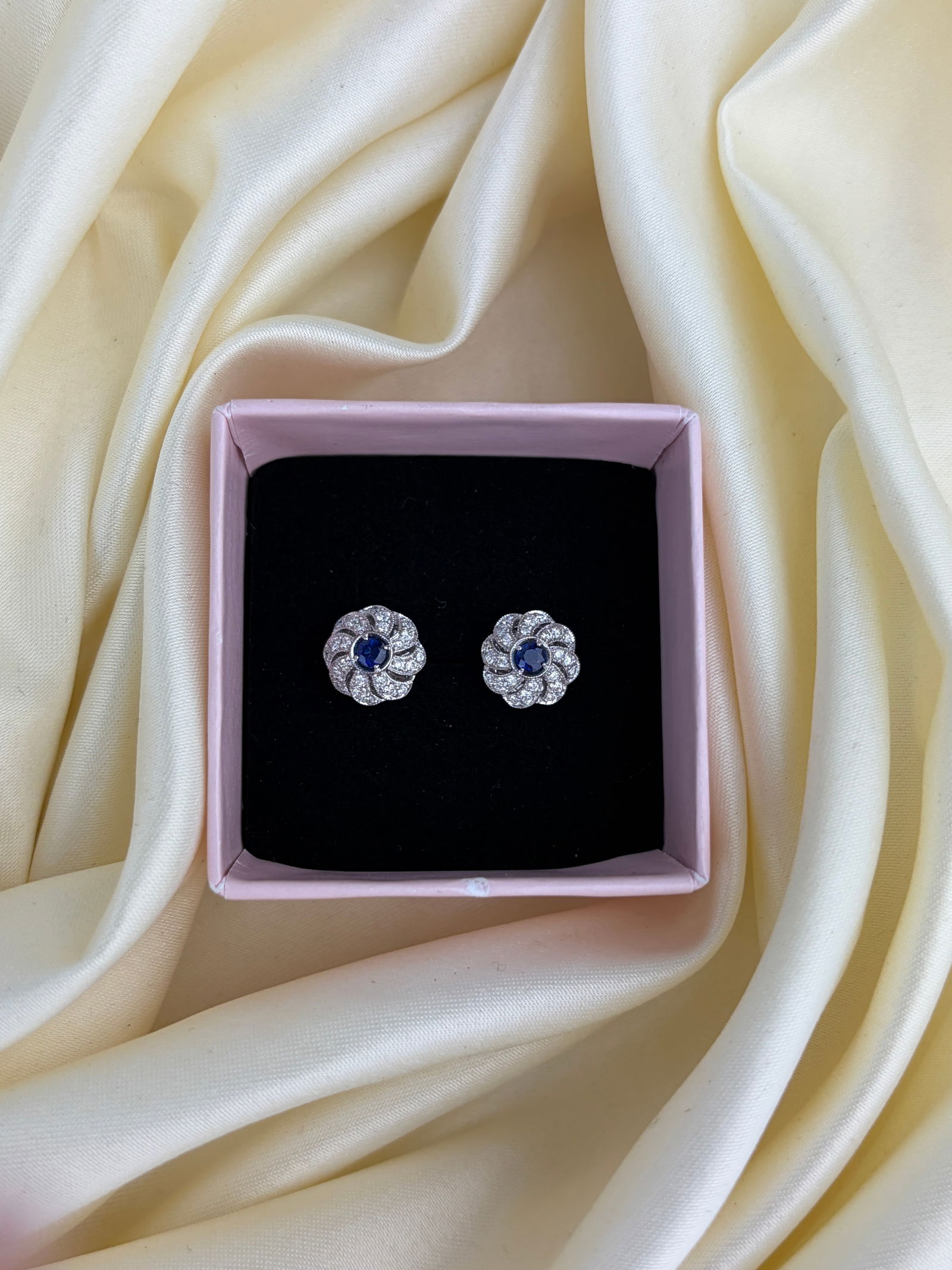18ct White Gold Sapphire and Diamond Cluster Earrings with Flower Backs - 8