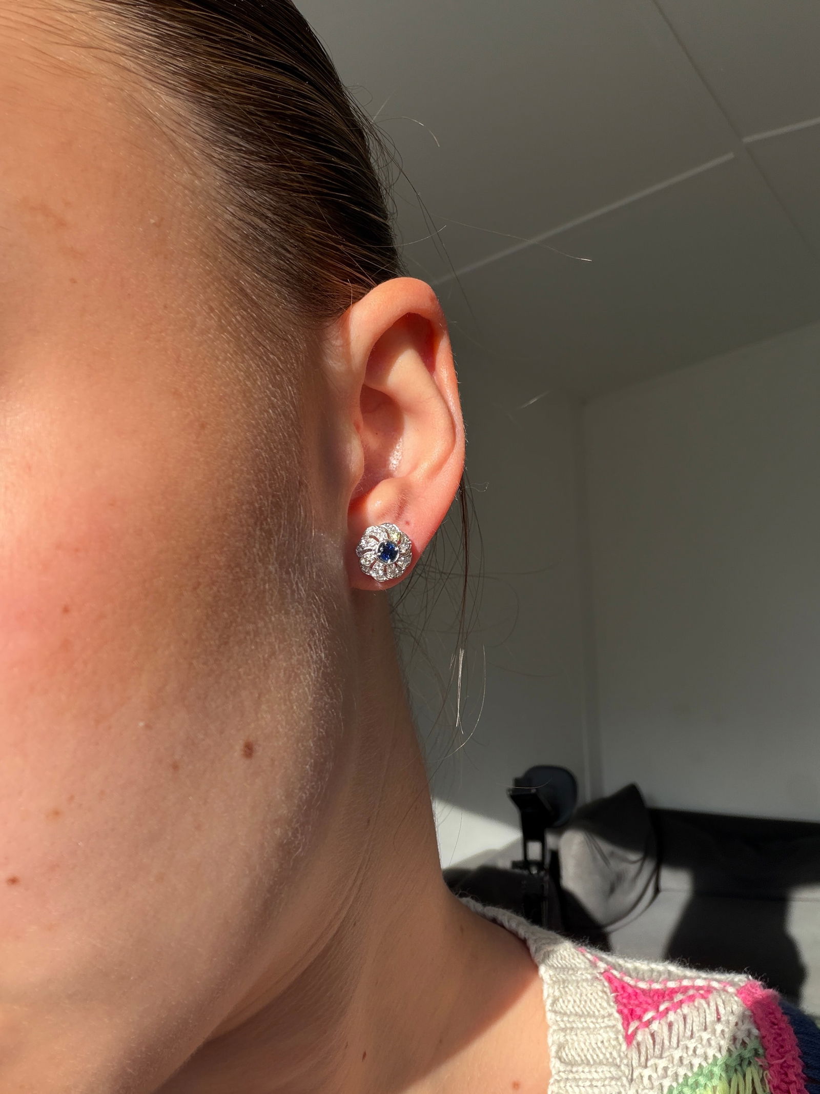 18ct White Gold Sapphire and Diamond Cluster Earrings with Flower Backs - 9