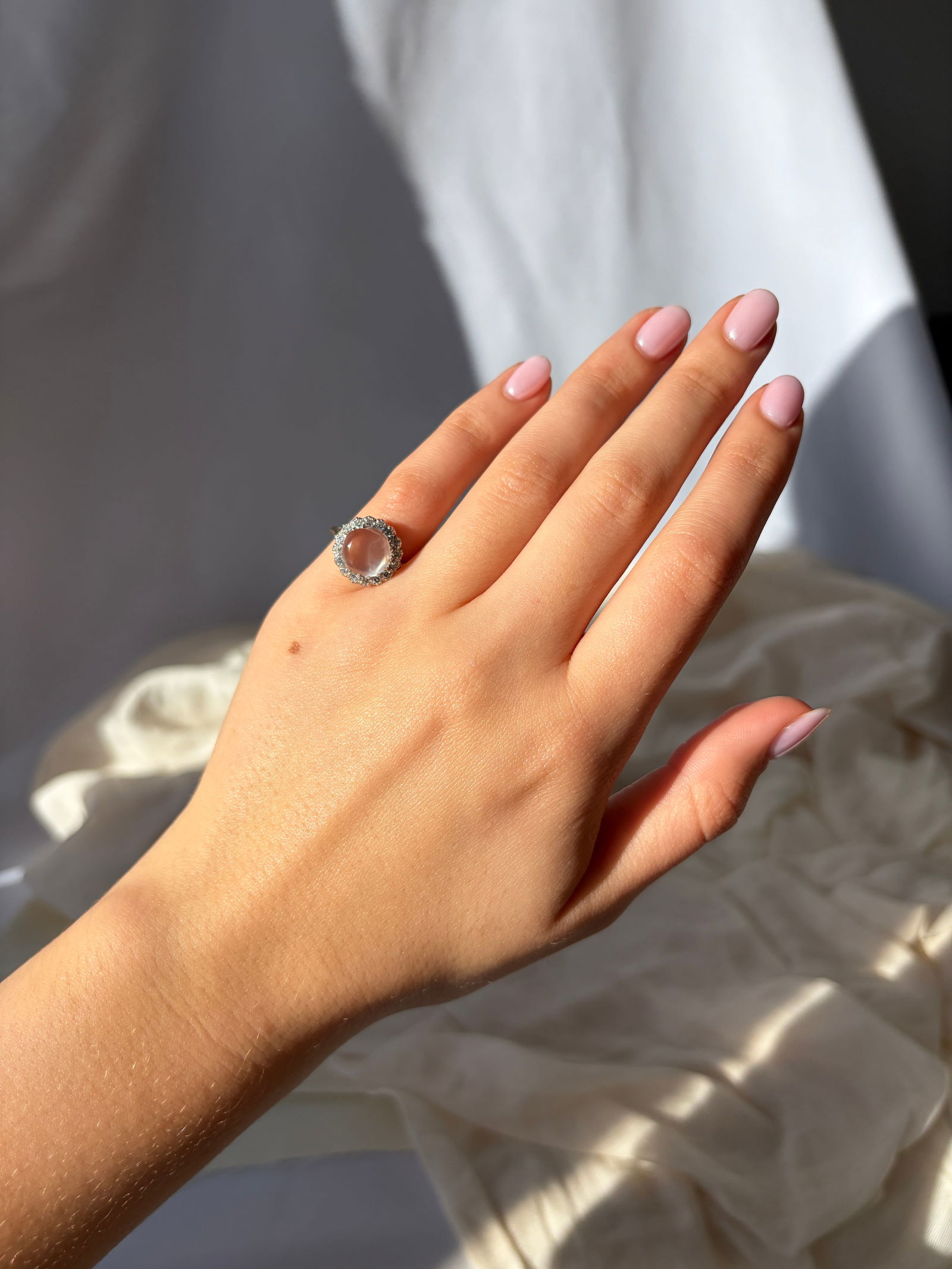 Art Deco Diamond and Moonstone 18 Carat Gold and Platinum Ring - 10