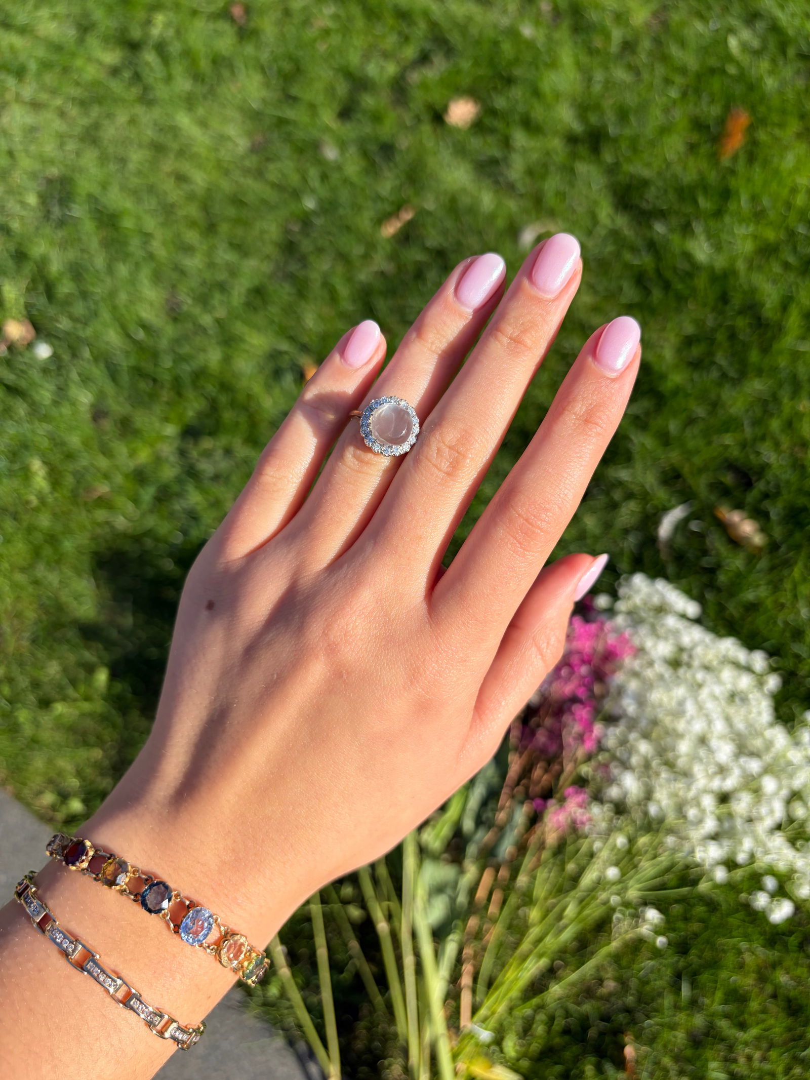 Art Deco Diamond and Moonstone 18 Carat Gold and Platinum Ring - 12