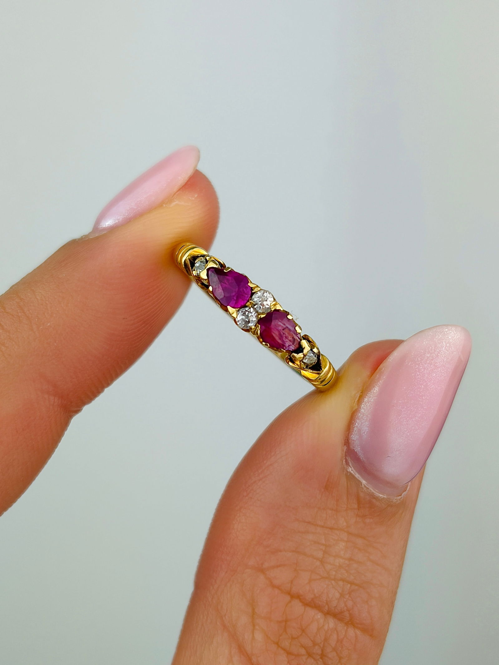 Sweet Antique 18ct Yellow Gold Ruby And Diamond Unusual Band Ring - 4