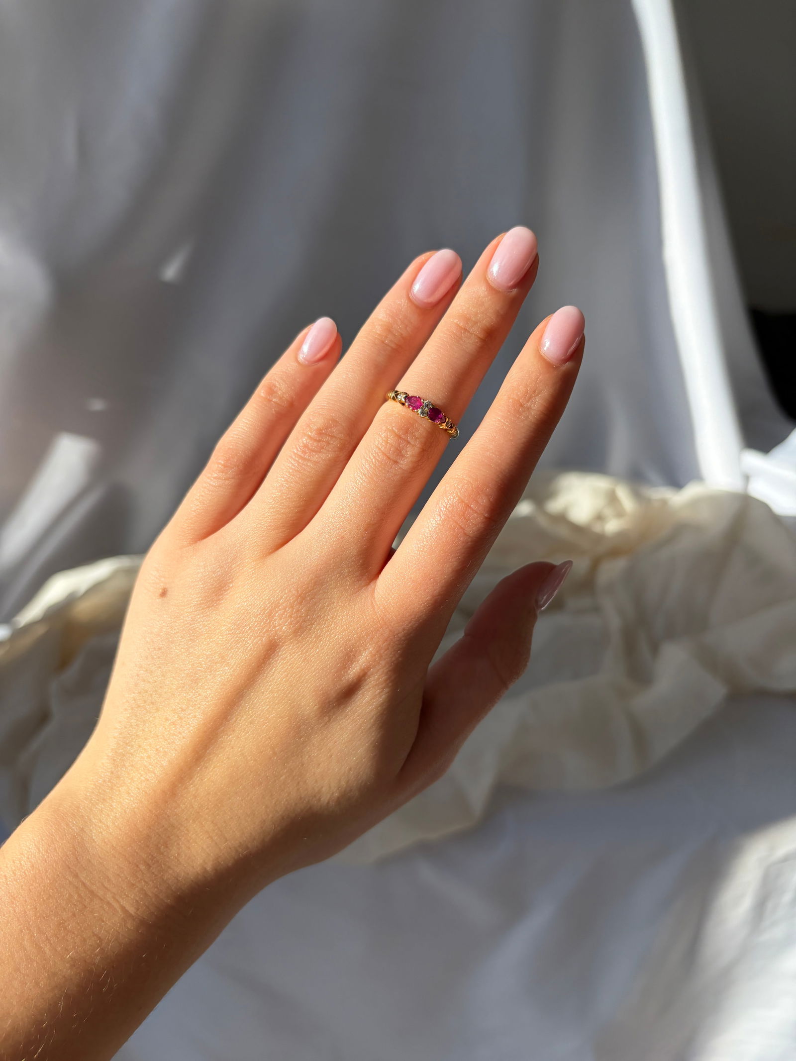 Sweet Antique 18ct Yellow Gold Ruby And Diamond Unusual Band Ring - 7