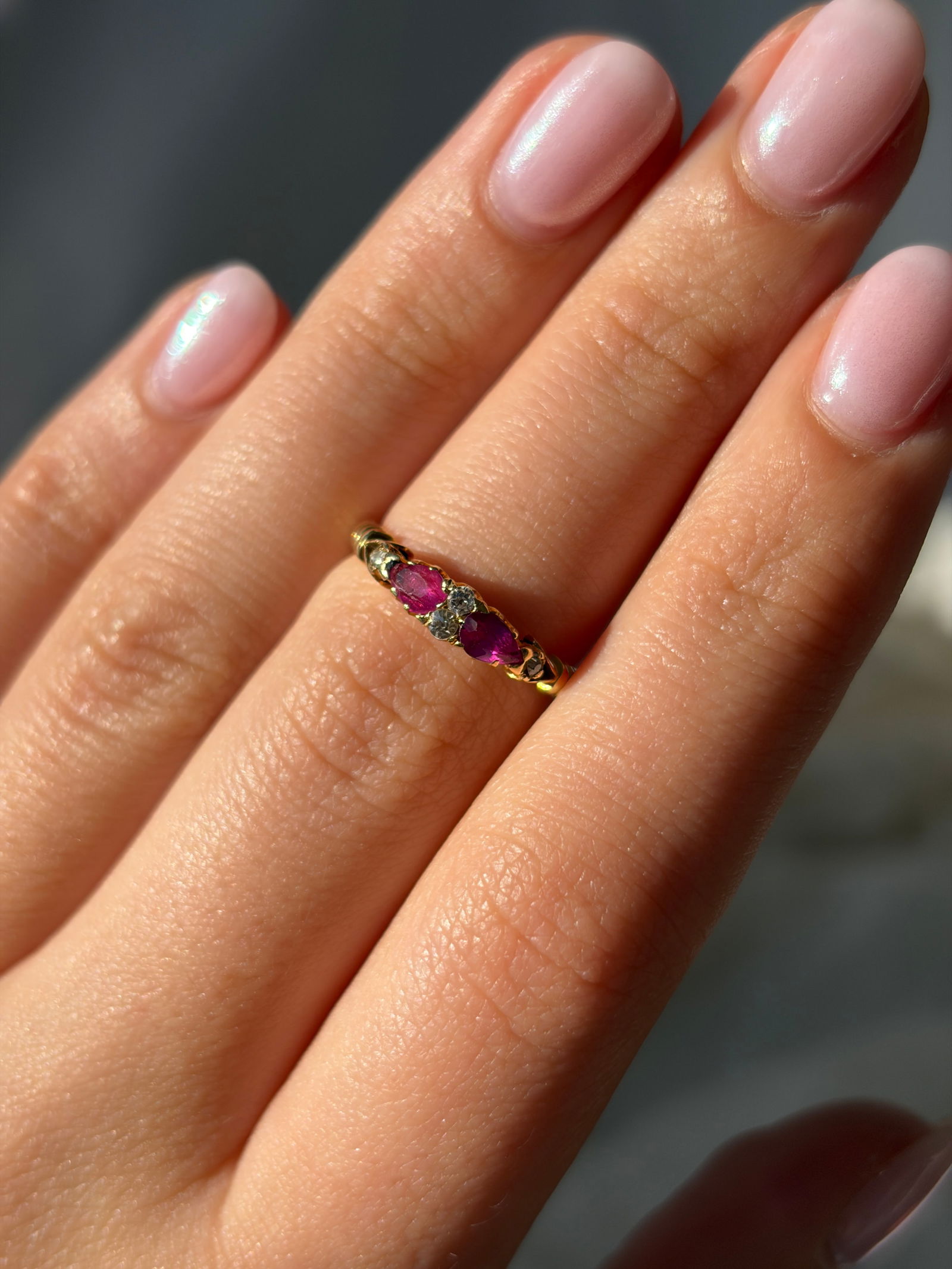 Sweet Antique 18ct Yellow Gold Ruby And Diamond Unusual Band Ring - 8