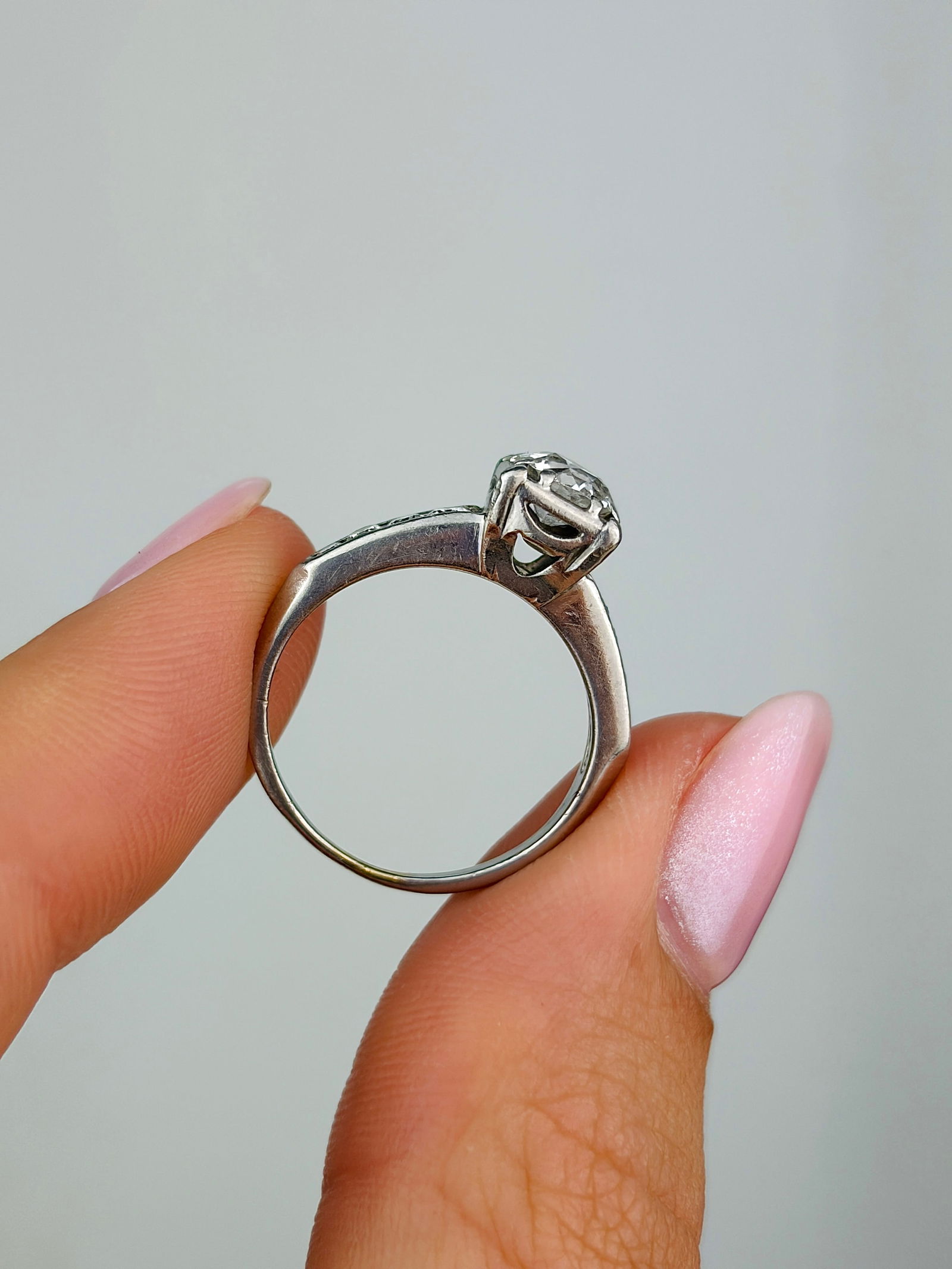 Antique Platinum Diamond Solitaire Engagement Style Ring - 6