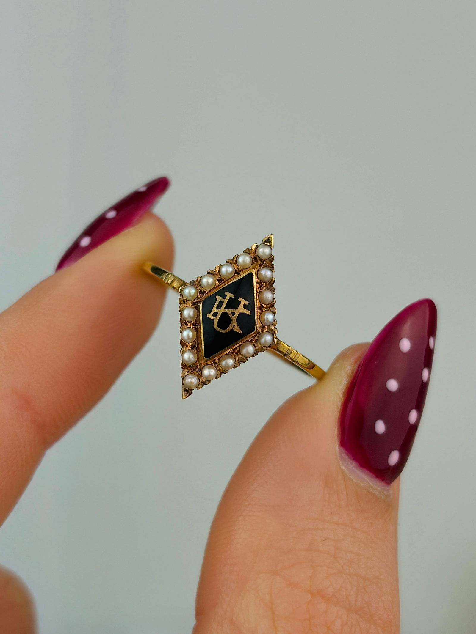 antique enamel and pearl navette ring In gold - 4