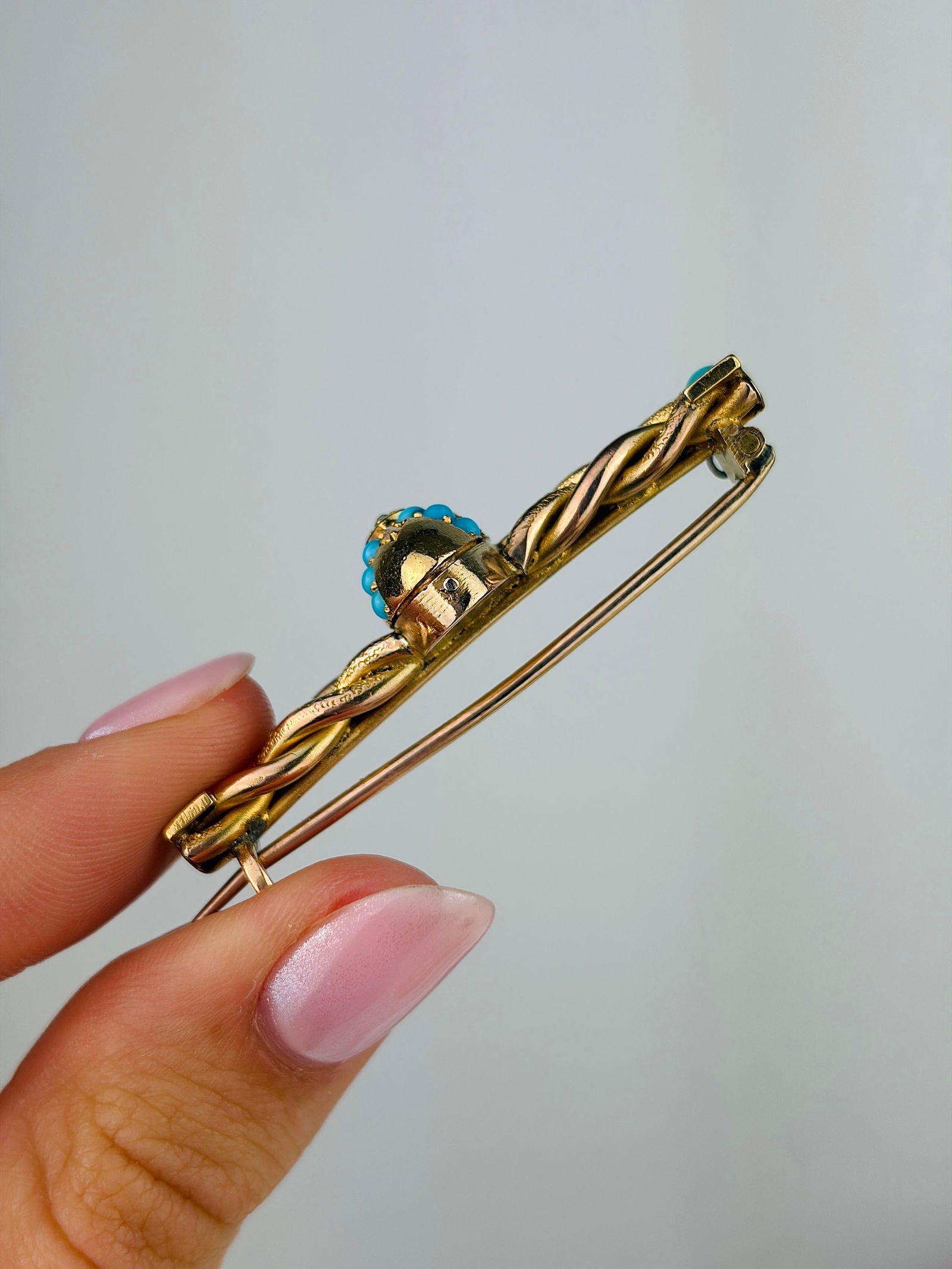 Antique 15ct Yellow Gold Turquoise and Rose Cut Diamond Bar Brooch - 3