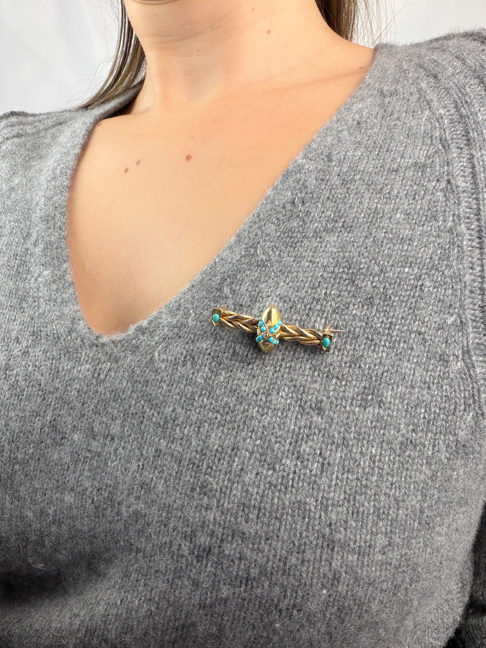 Antique 15ct Yellow Gold Turquoise and Rose Cut Diamond Bar Brooch - 7