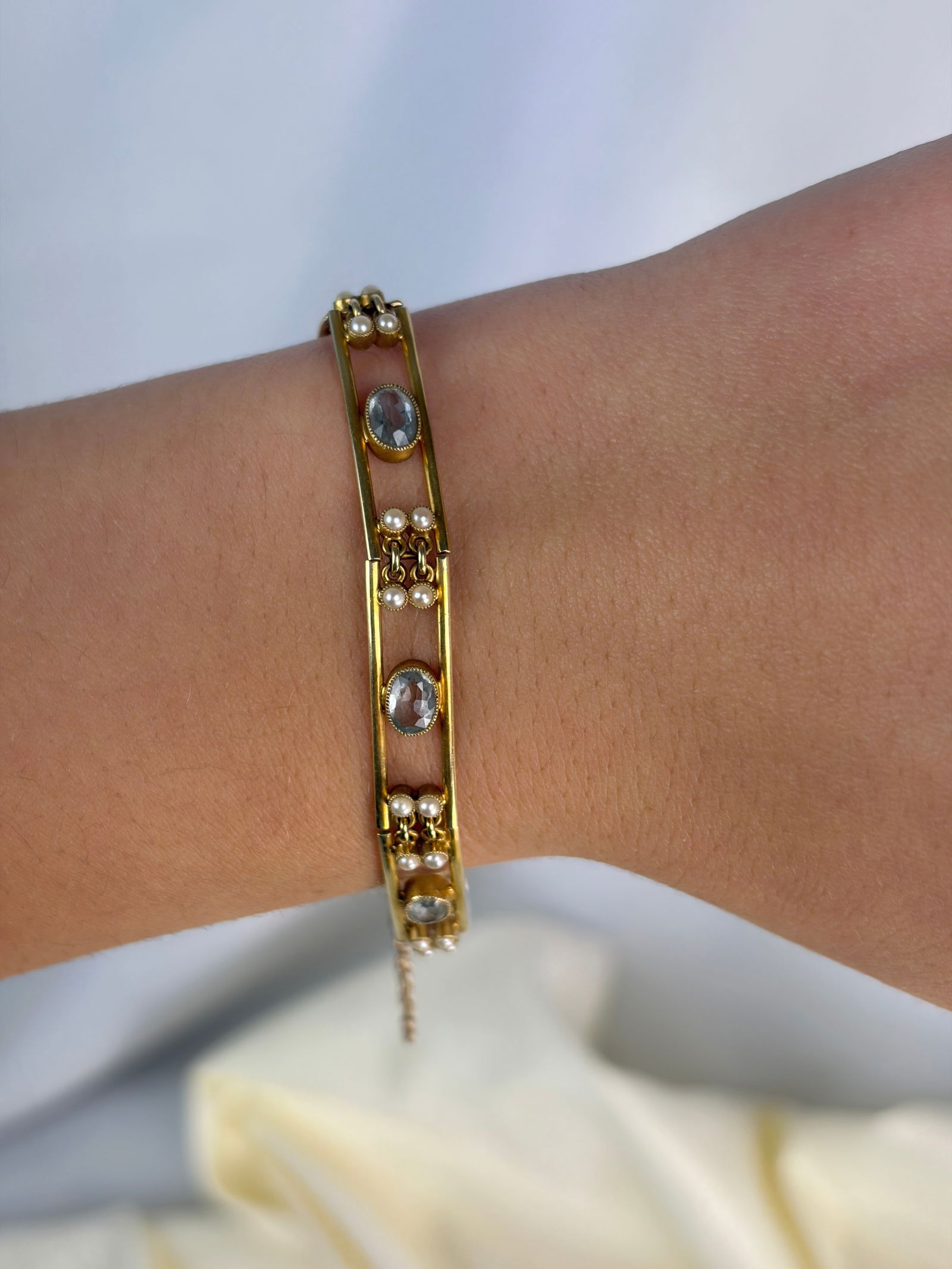 Art Deco Aquamarine and Pearl 15ct Gold Bracelet - 8