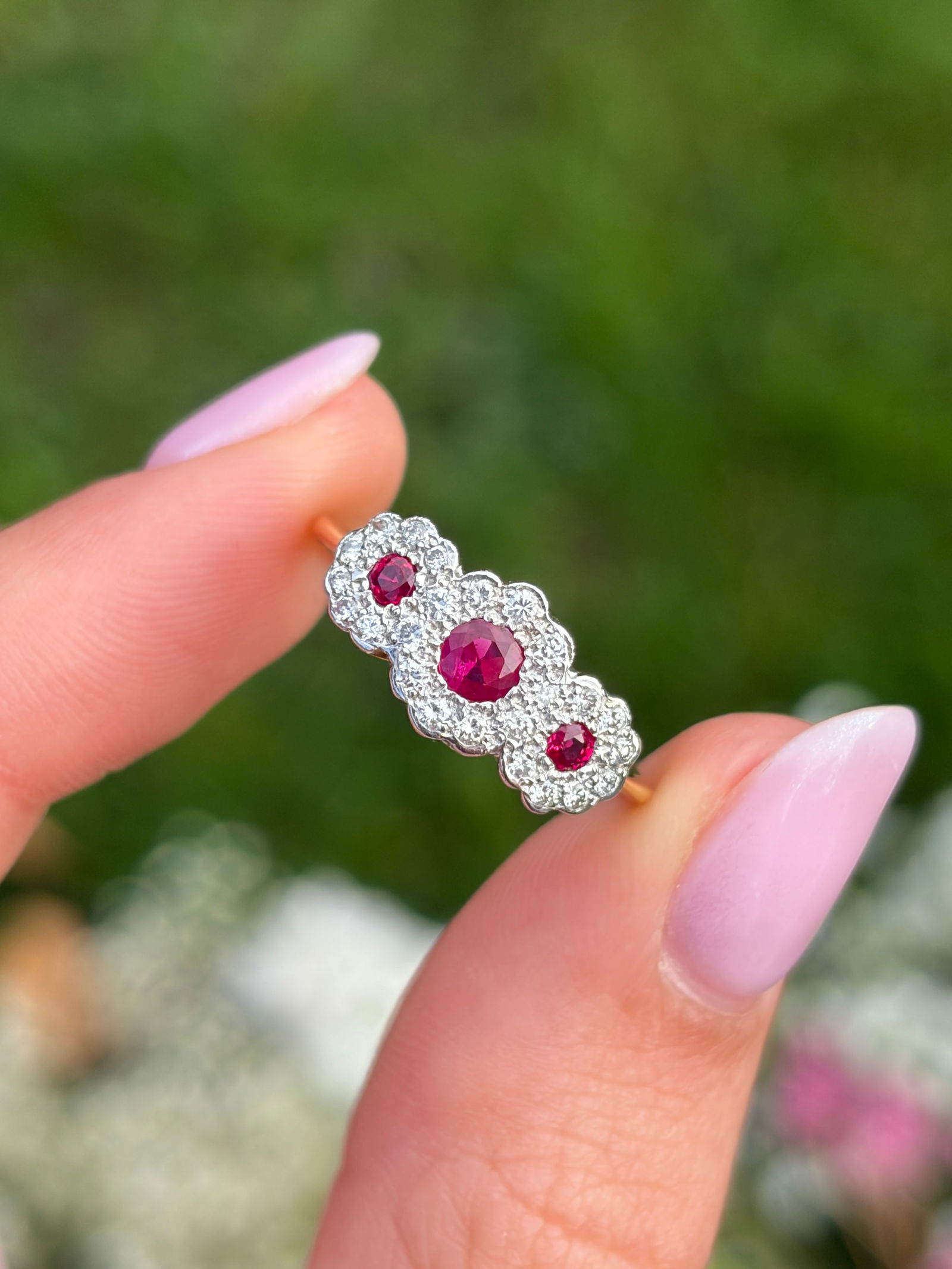 Vintage Ruby and Diamond 18 Carat Gold Triple Cluster Ring - 10
